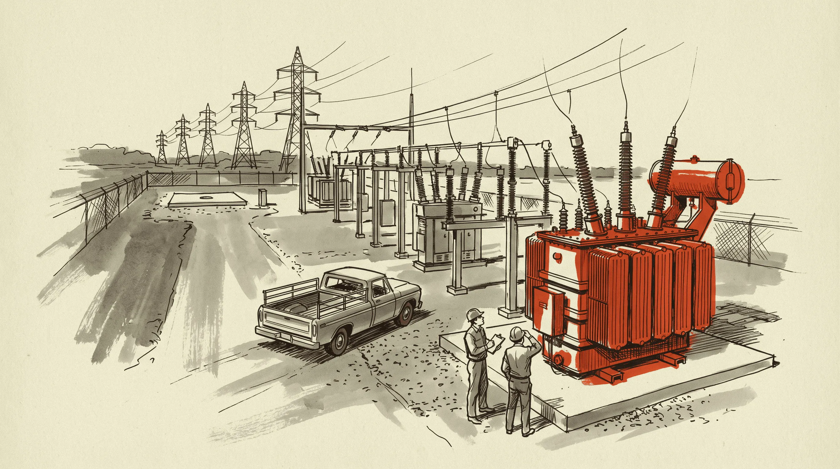 The substation transformer and the empty pad beside it, the two things that set an energization year.