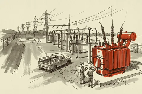 The substation transformer and the empty pad beside it, the two things that set an energization year.