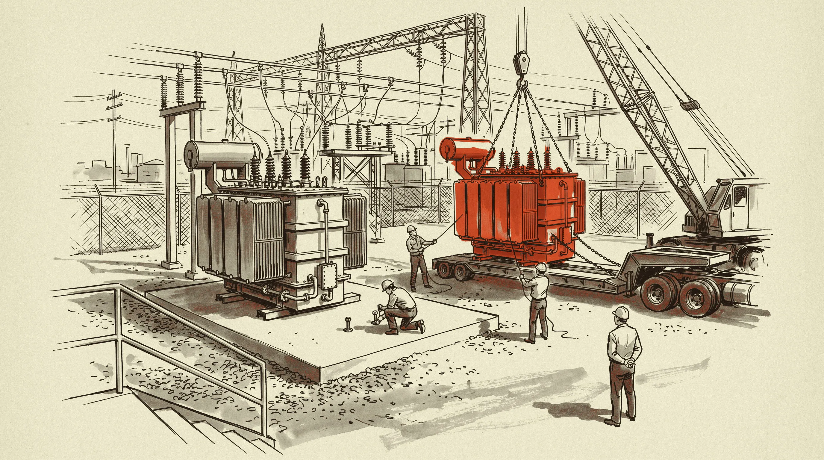 Two autotransformers being set on their pads while the utility's inspector works through the acceptance checklist.