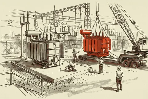 Two autotransformers being set on their pads while the utility's inspector works through the acceptance checklist.