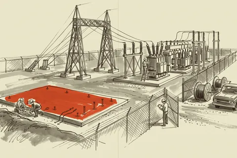 A substation yard part-built for a new large load, with the transformer pad poured and empty.