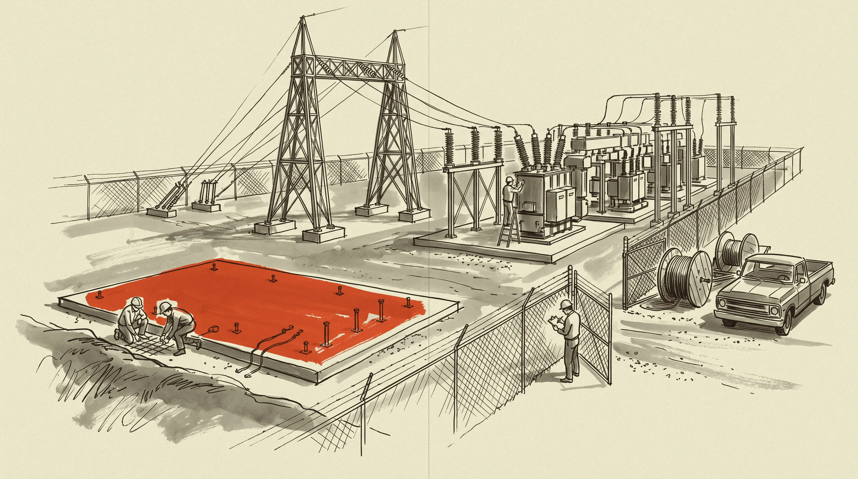 A substation yard part-built for a new large load, with the transformer pad poured and empty.