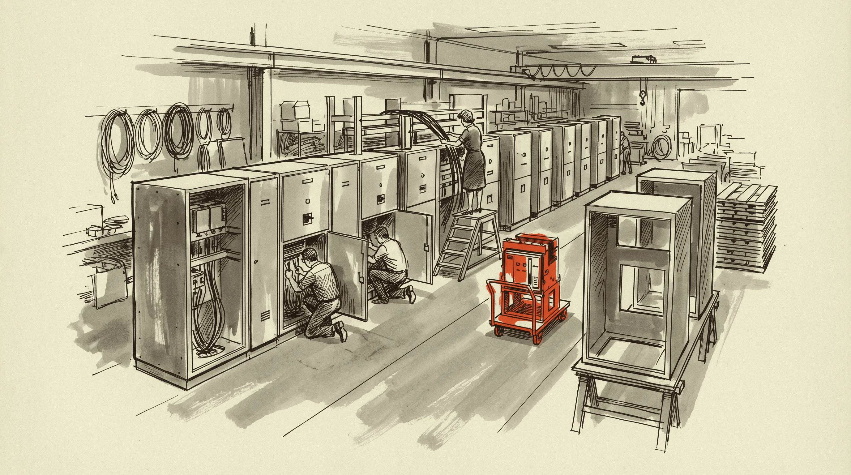 A metal-clad switchgear lineup on the factory floor where the eighteen months of a delivery date are actually spent.