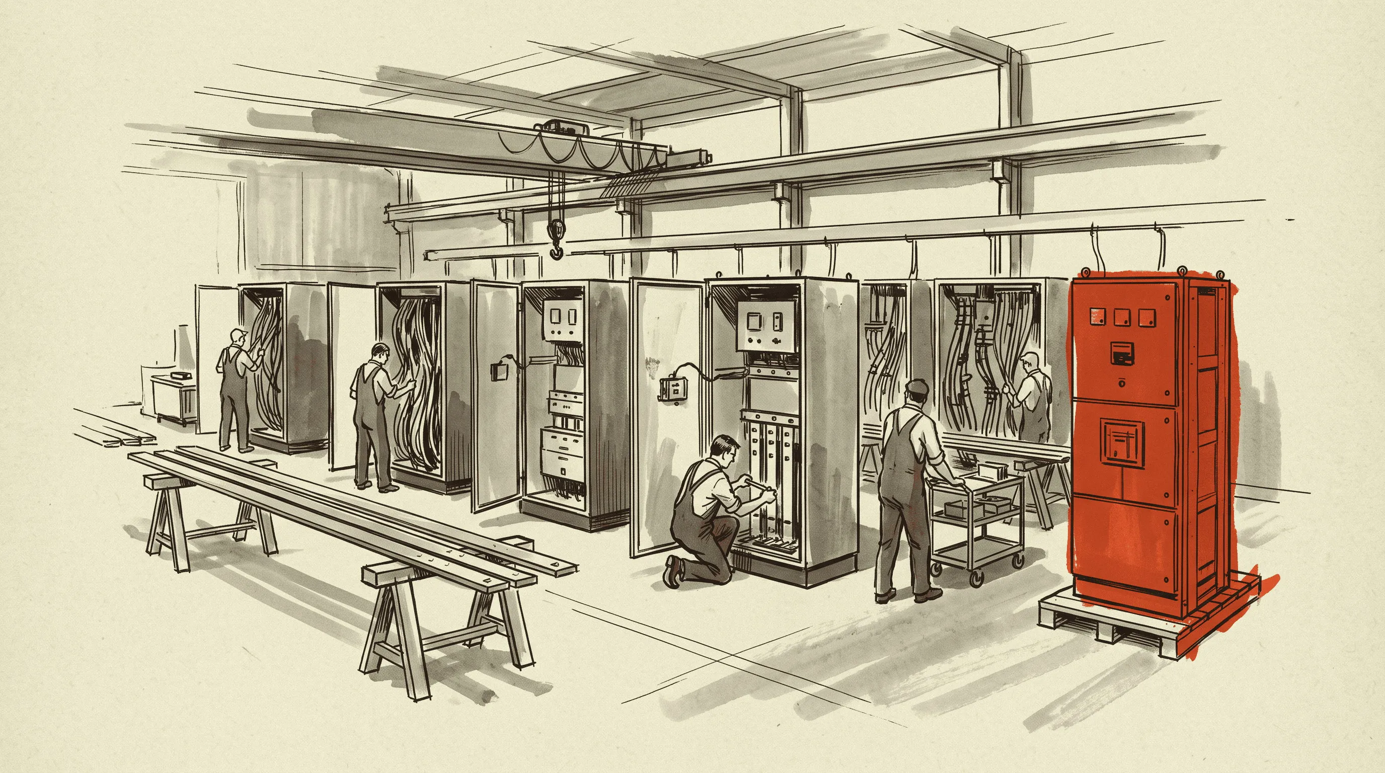 A low-voltage switchgear line in assembly, with one finished section already skidded for shipment.
