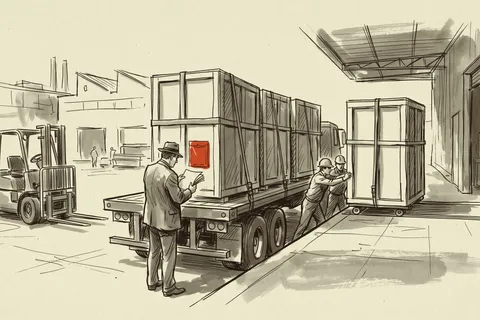 A crated medium-voltage switchgear lineup coming off the trailer while the broker who filed the entry checks the paperwork.