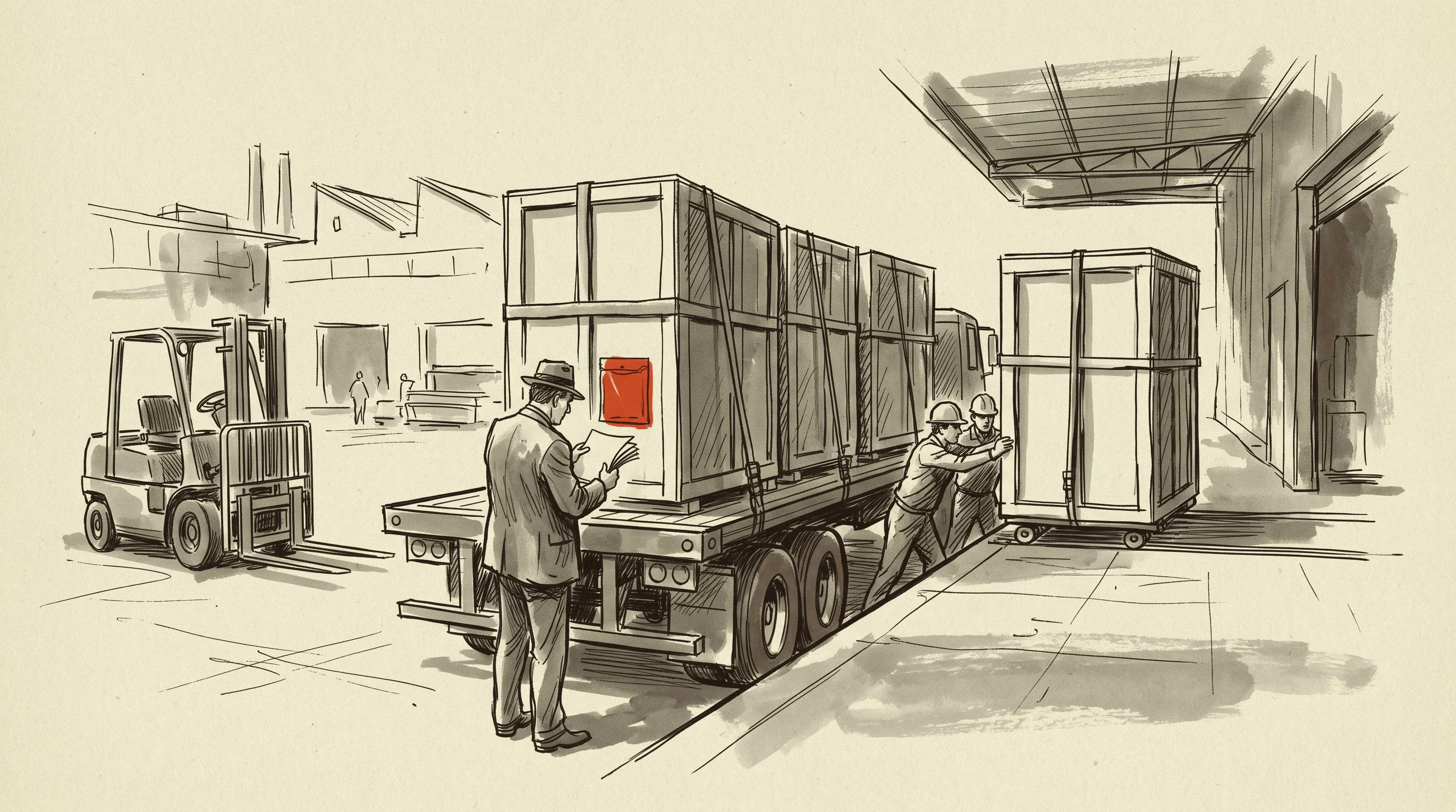 A crated medium-voltage switchgear lineup coming off the trailer while the broker who filed the entry checks the paperwork.