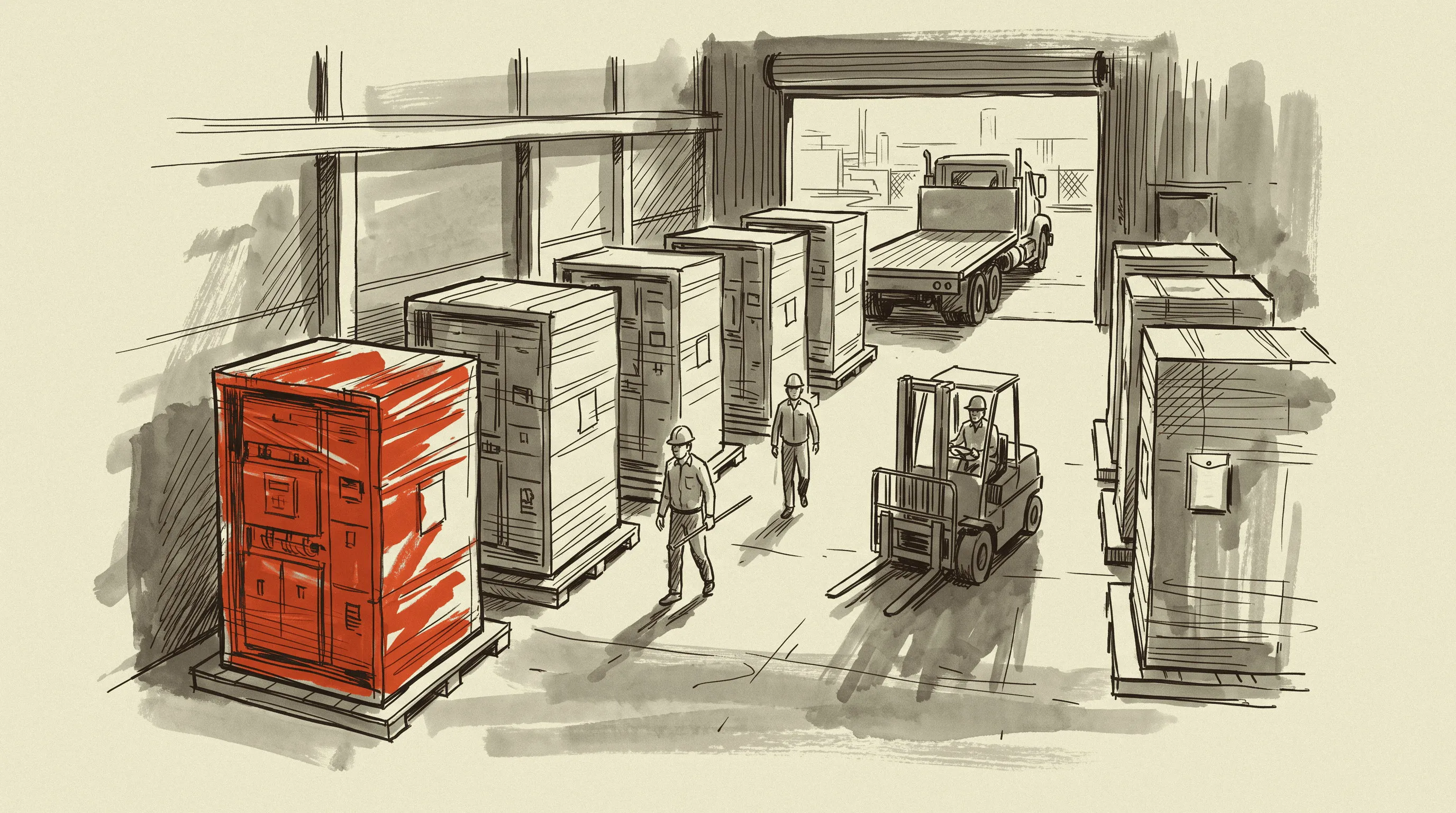 Finished switchgear lineups waiting on the shipping floor, with the shipping documents attached to the nearest crate.