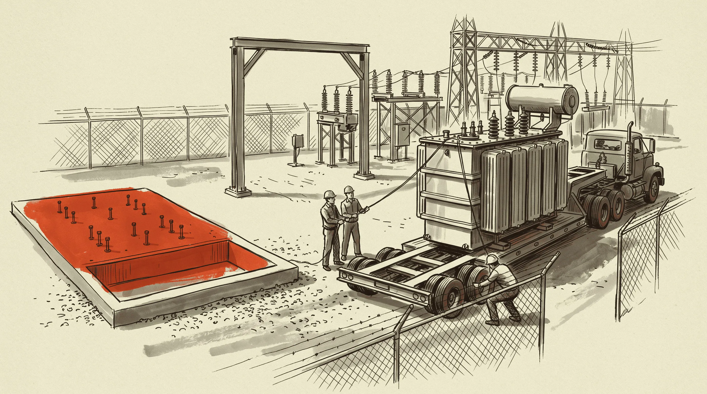 A power transformer arriving at the substation pad it was contracted to fill.