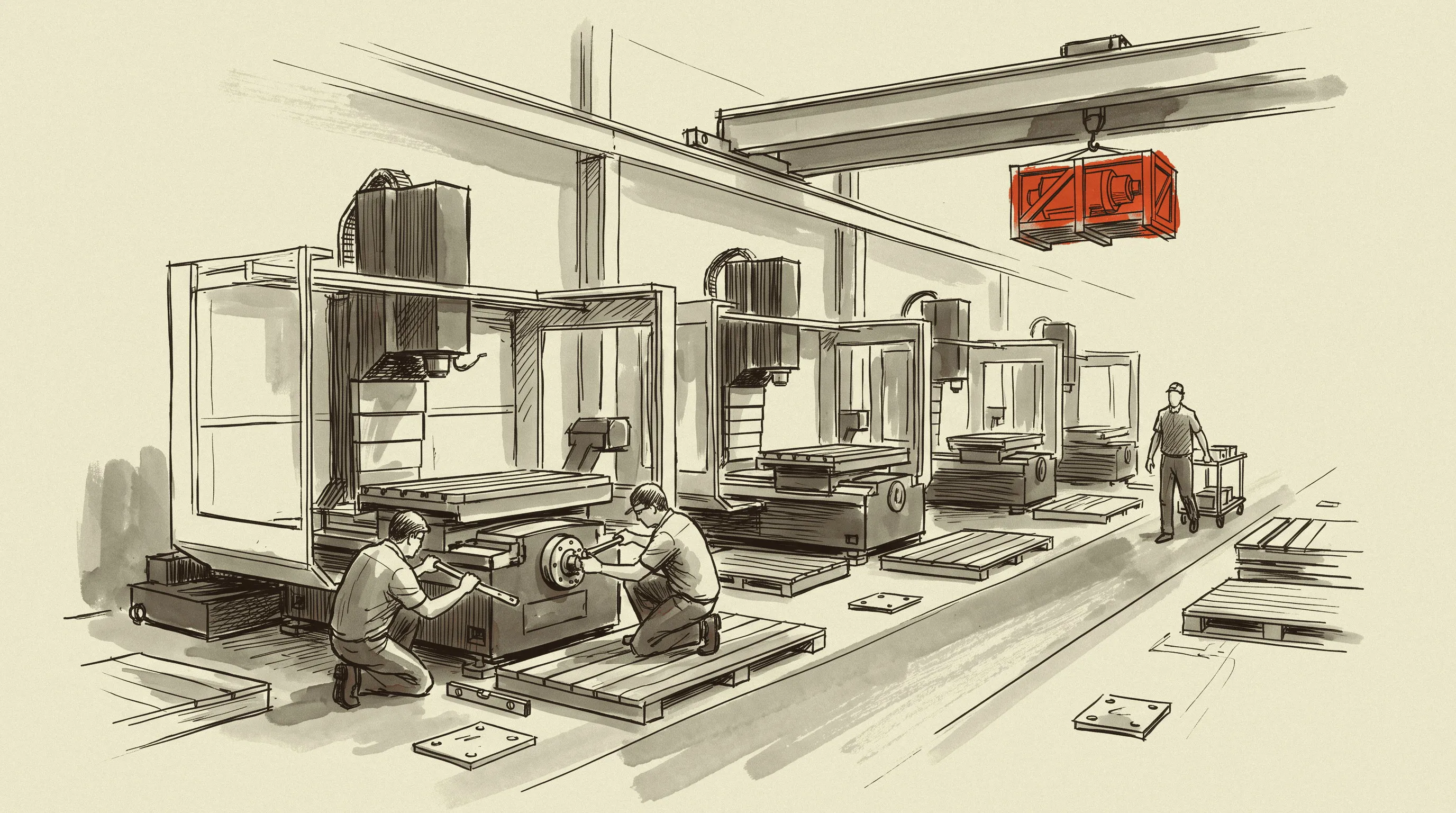 Horizontal machining centers under assembly on a United States plant floor, with an imported spindle unit arriving by overhead crane.