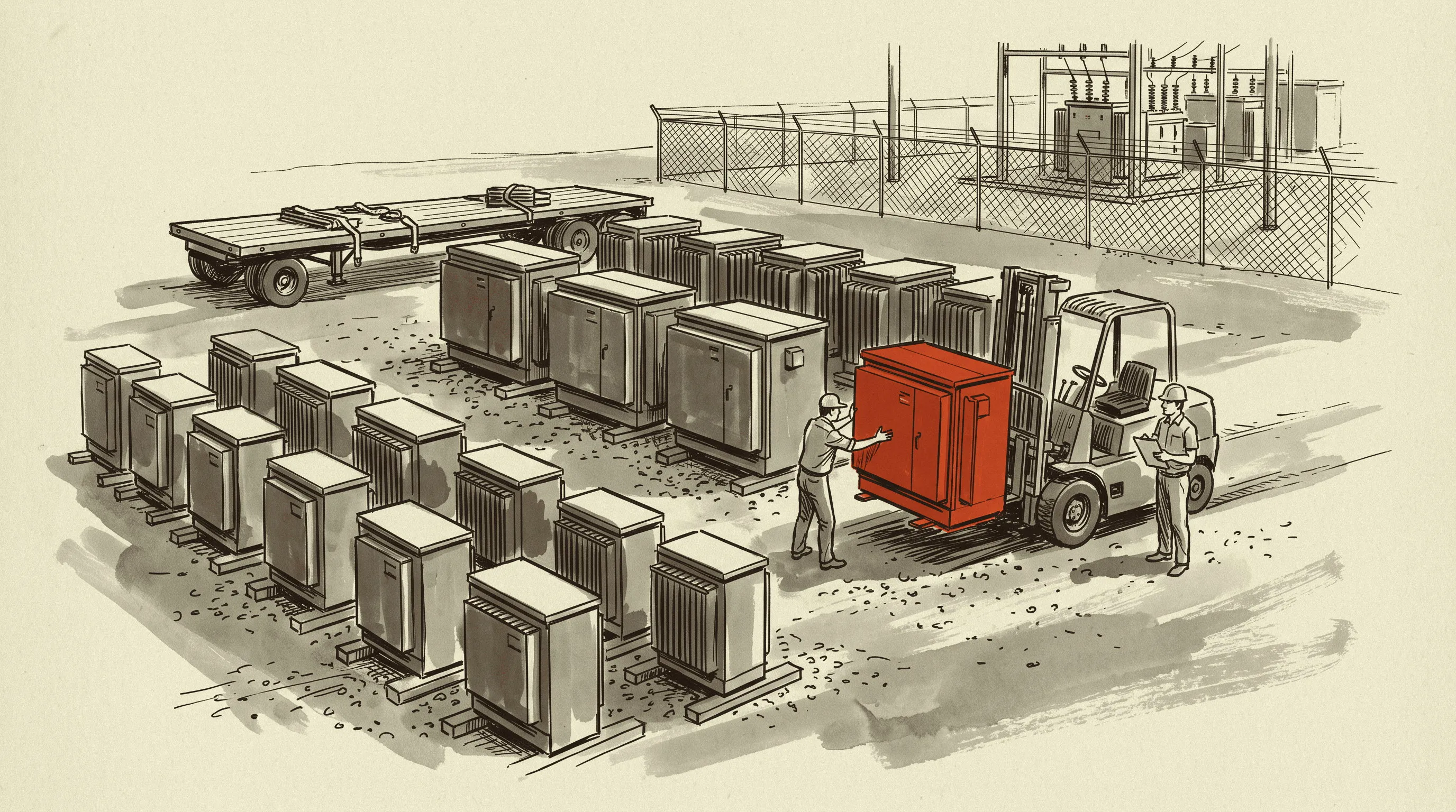 A city utility takes delivery of stock pad-mount transformers into its materials yard.