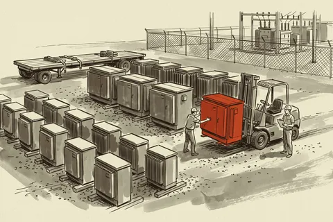 A city utility takes delivery of stock pad-mount transformers into its materials yard.