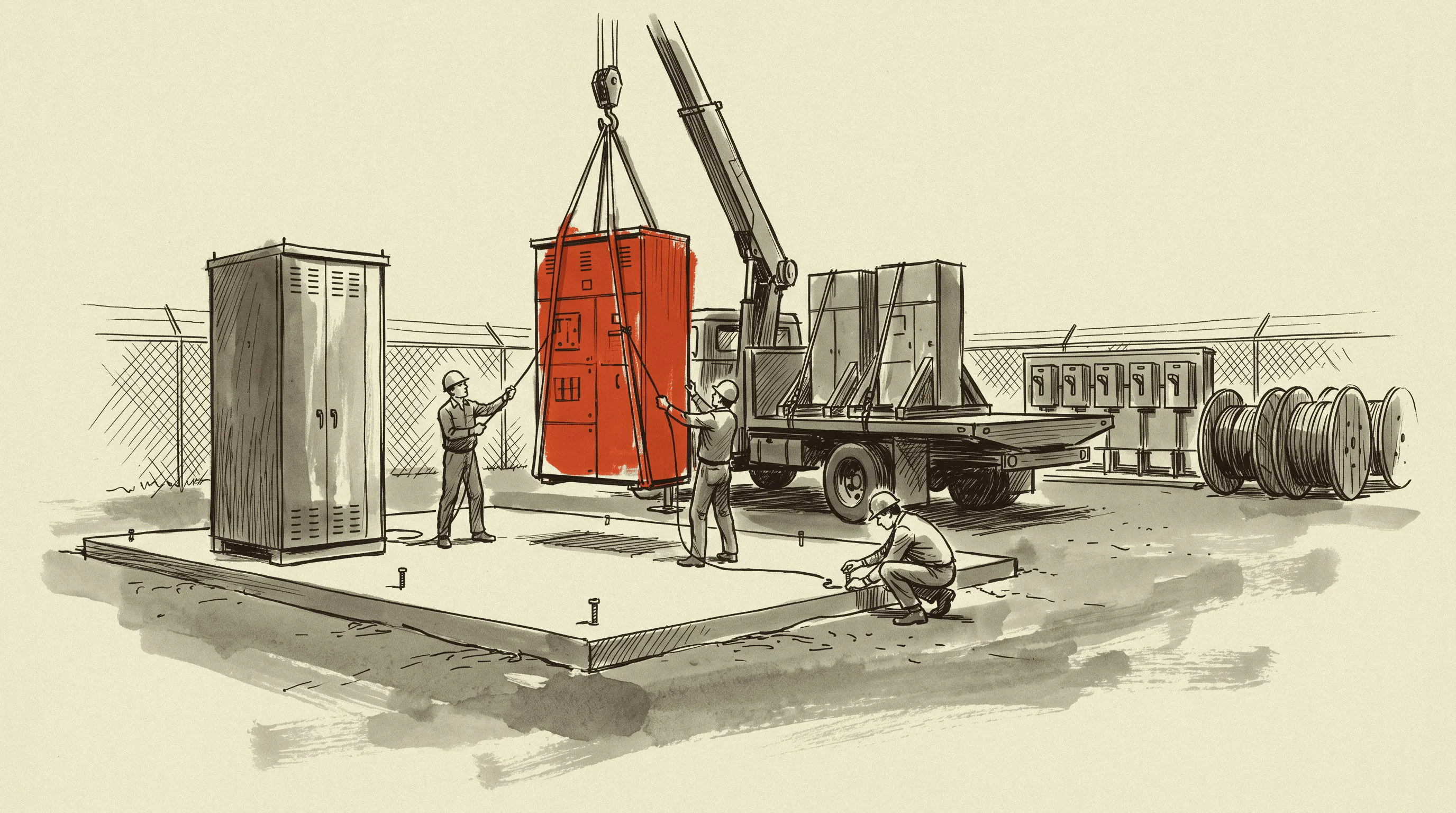 A metal-clad switchgear section being set on its pad at a city utility yard.