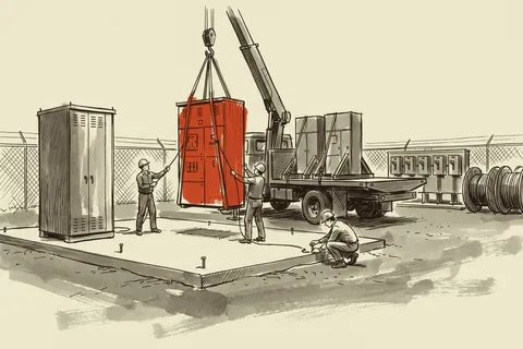 A metal-clad switchgear section being set on its pad at a city utility yard.