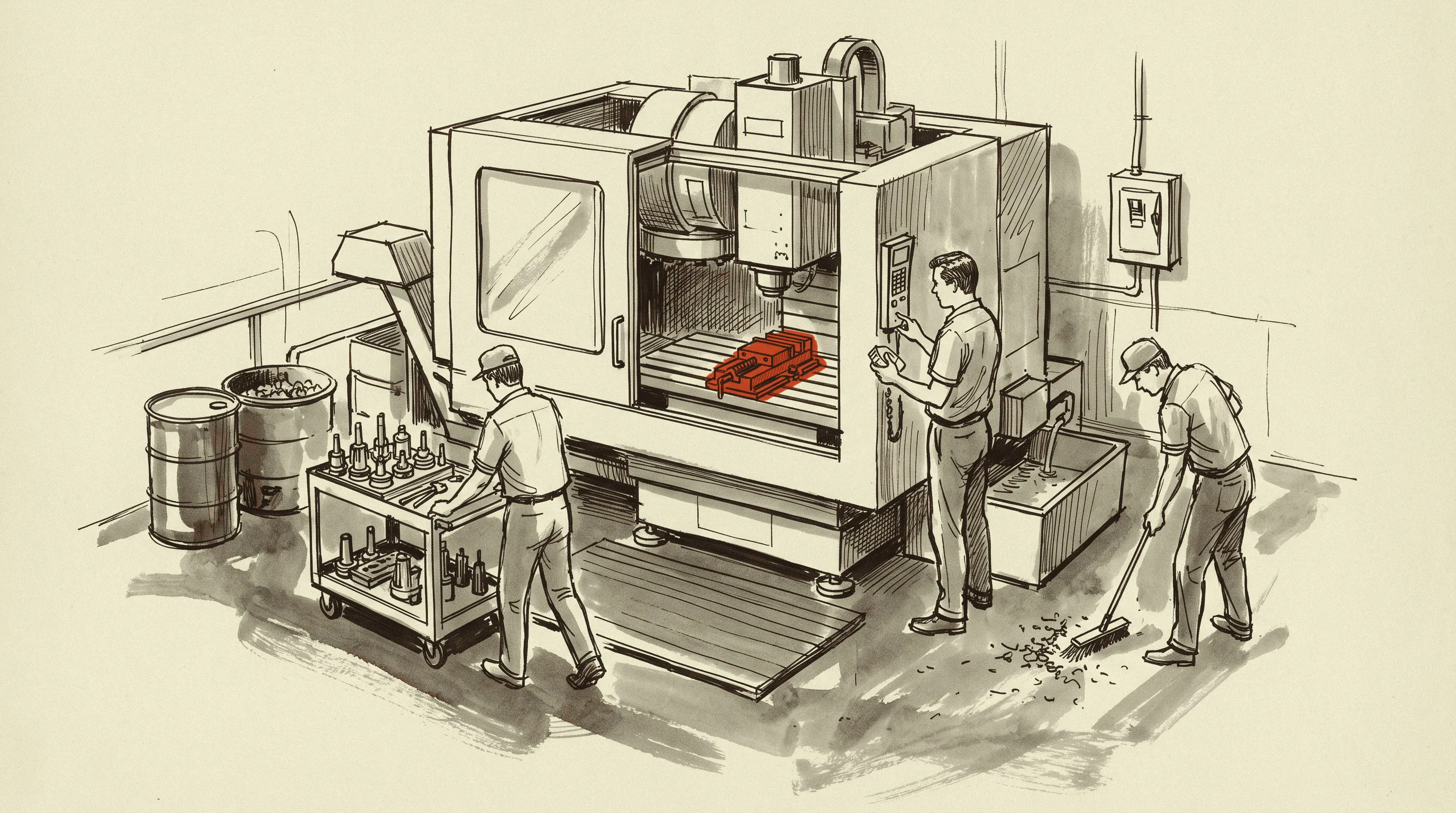 A single vertical machining center in a one-shift shop, with the workholding and tooling that the list price does not include.