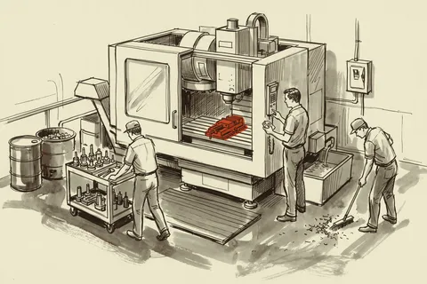 A single vertical machining center in a one-shift shop, with the workholding and tooling that the list price does not include.
