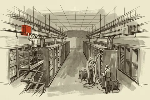 An AC busway run with tap-off boxes being installed over rows of racks in a data hall still being fitted out.