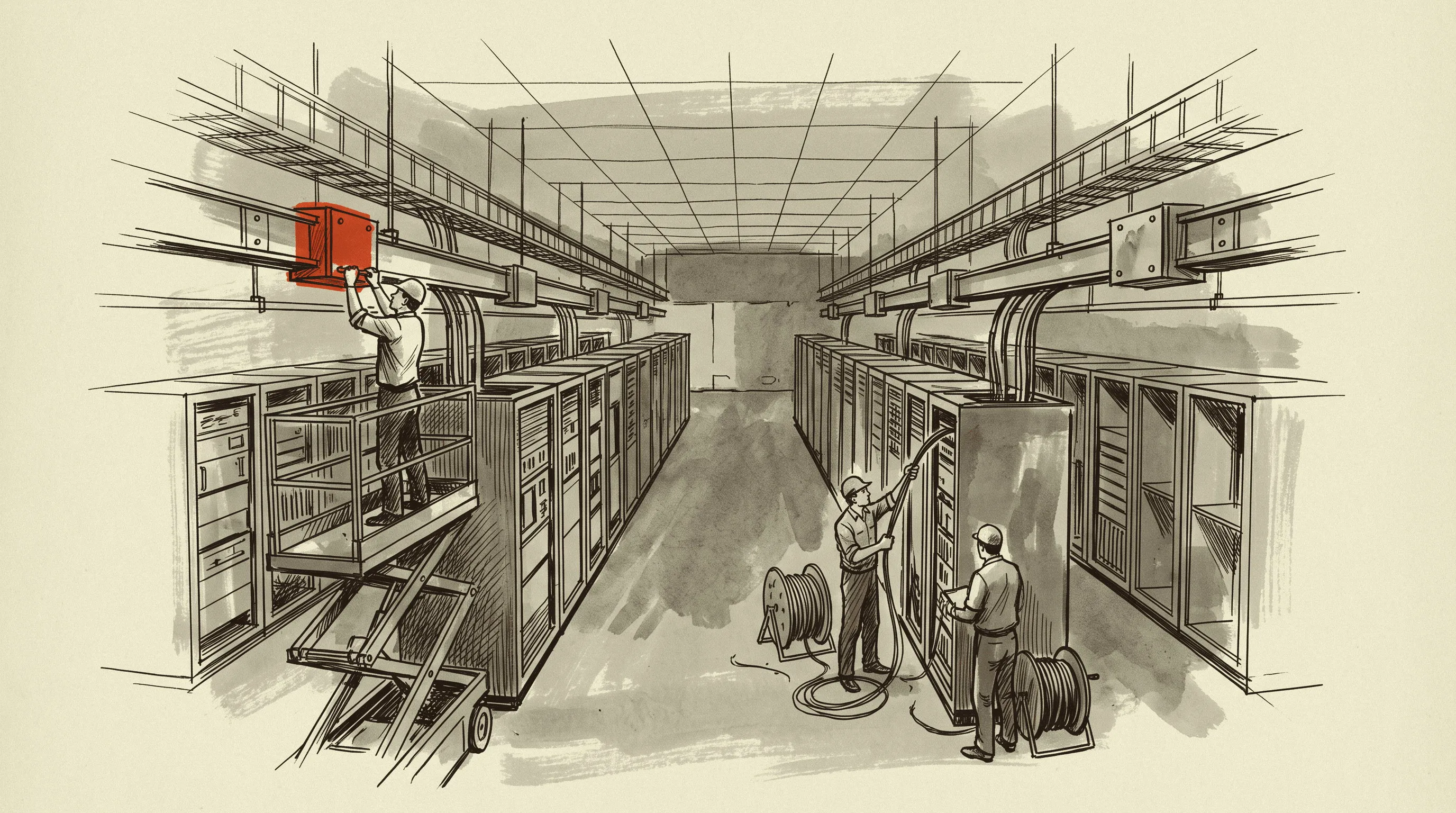An AC busway run with tap-off boxes being installed over rows of racks in a data hall still being fitted out.