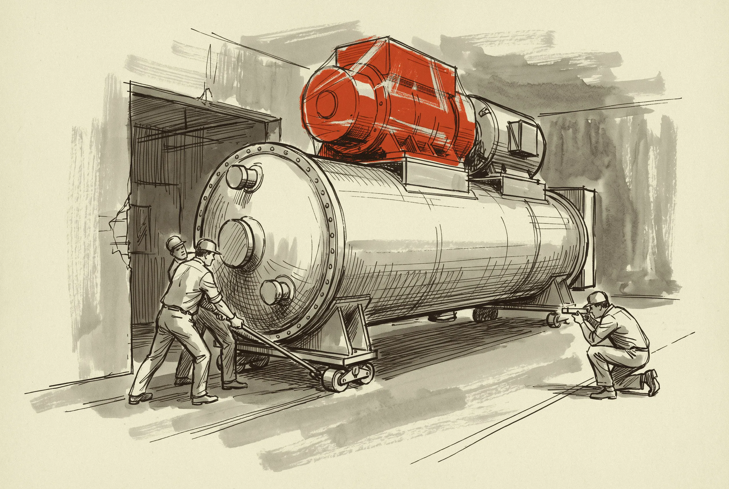 A large water-cooled centrifugal chiller skated into place, its compressor still wrapped for shipping.