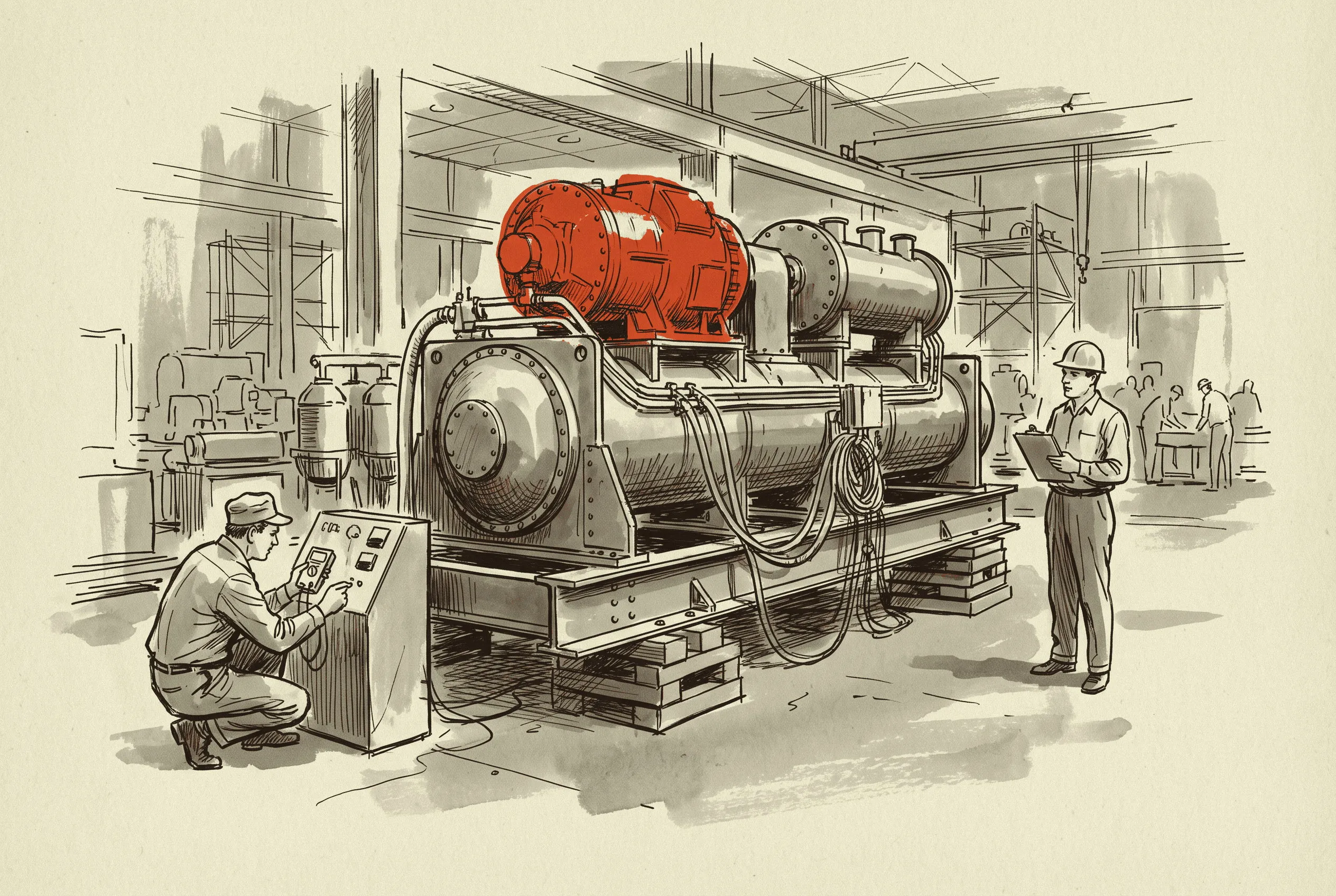A large water-cooled centrifugal chiller rigged for its factory test before release to ship.