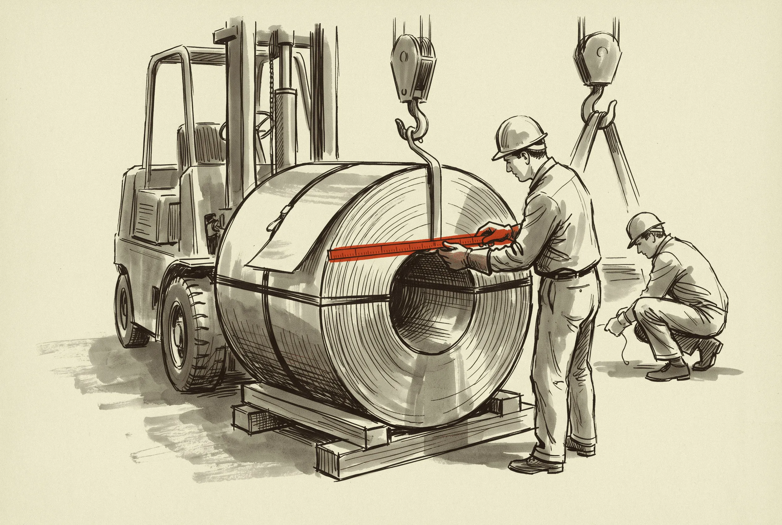 A coil of grain-oriented steel checked for strip width in the shipping bay, the dimension that decides which transformer cores it can be cut for.