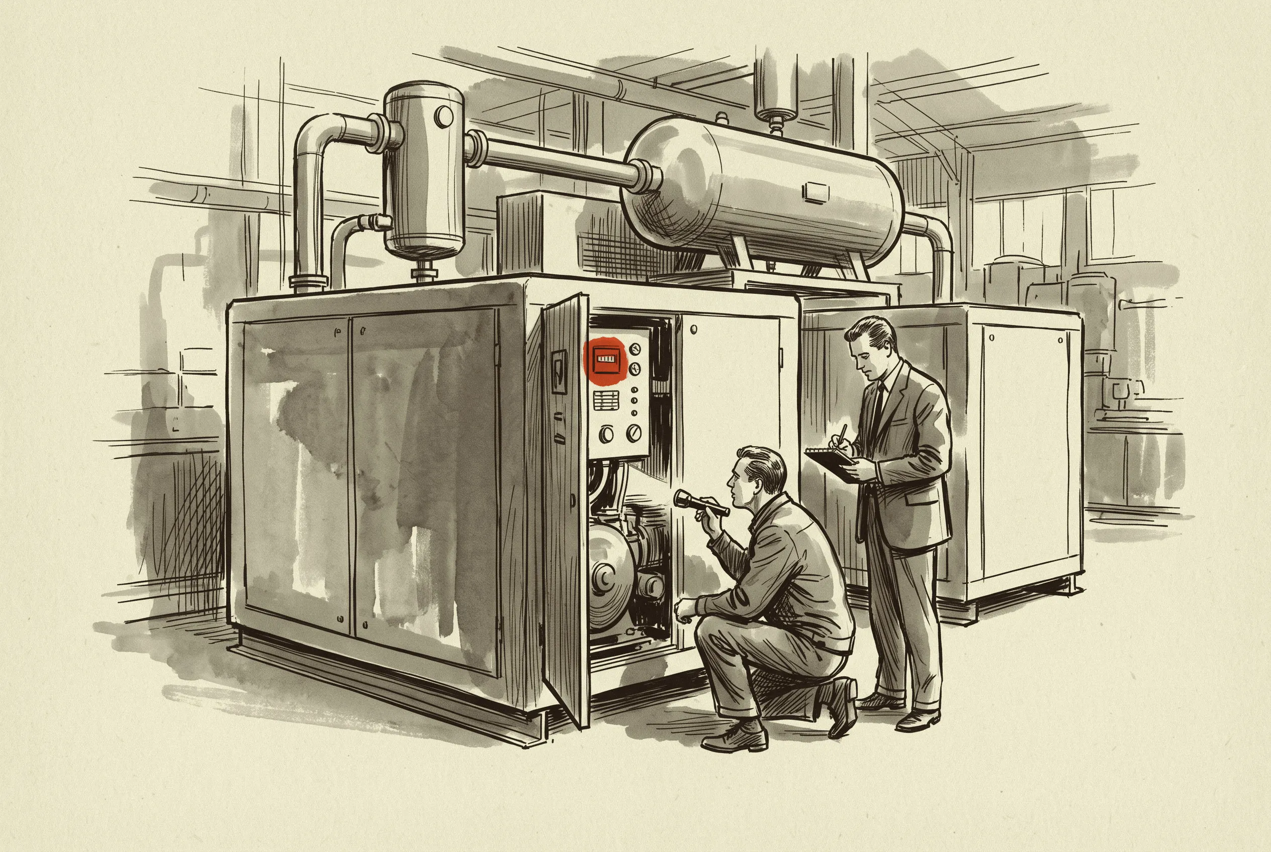 A bidder checks the running hours on one of the plant air compressors during inspection.