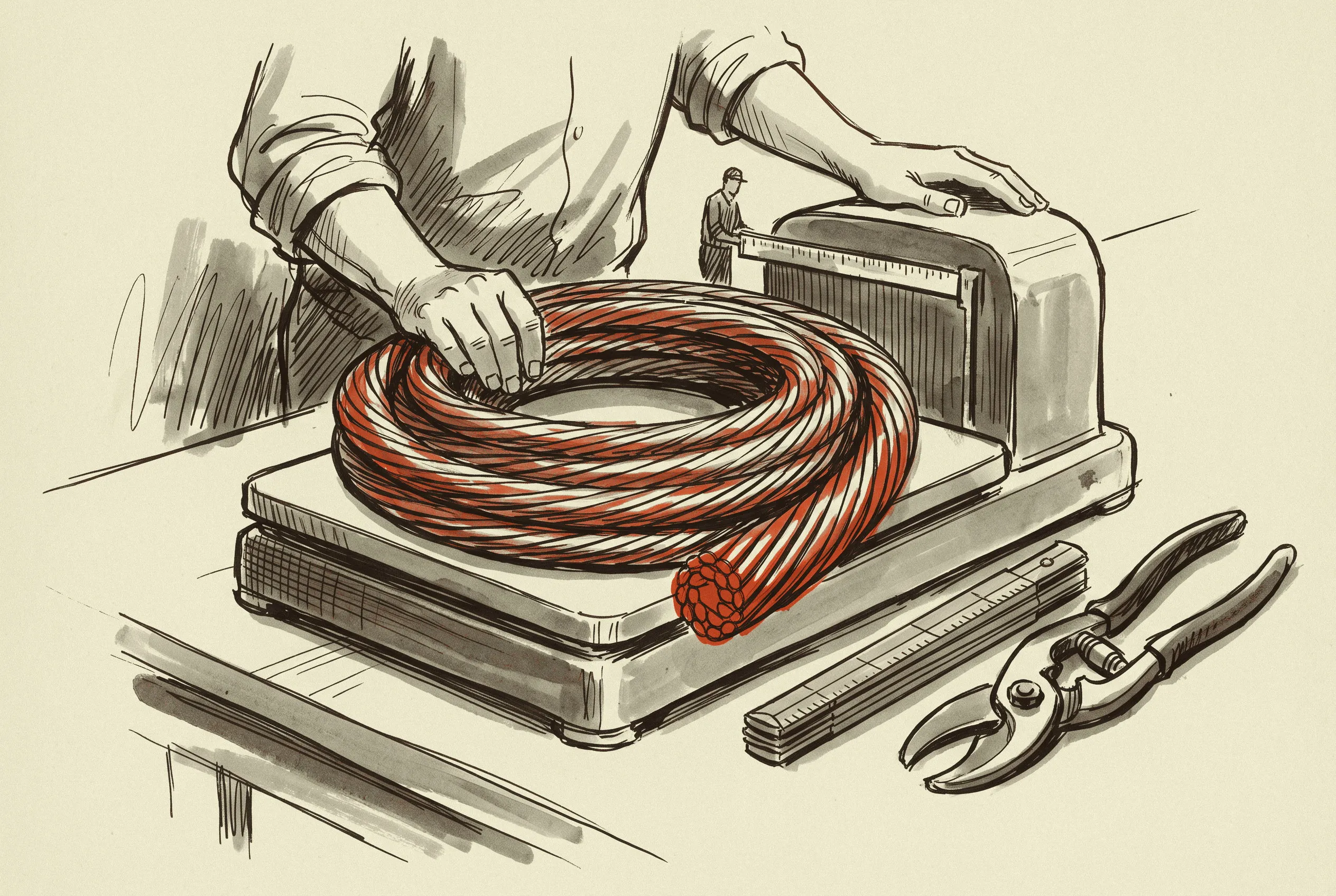 A cut length of 500 kcmil copper weighed on a bench scale, the step the sheet performs by computation instead.