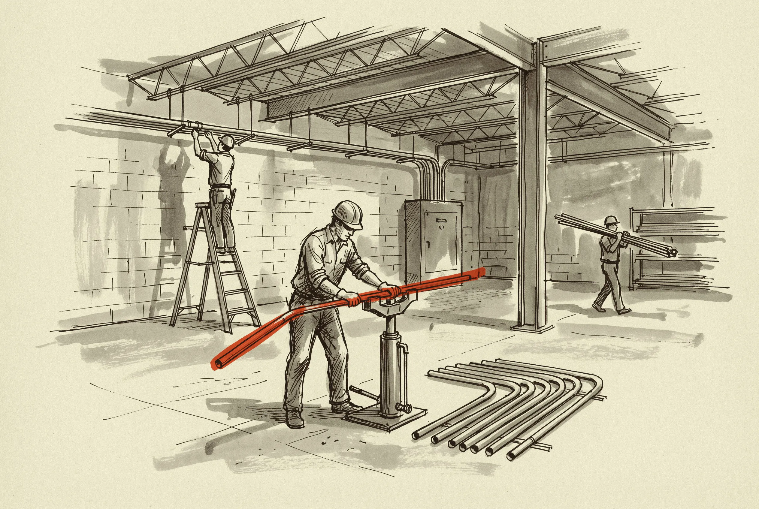 An electrician bends rigid conduit on a plant floor while a second hangs the run overhead.