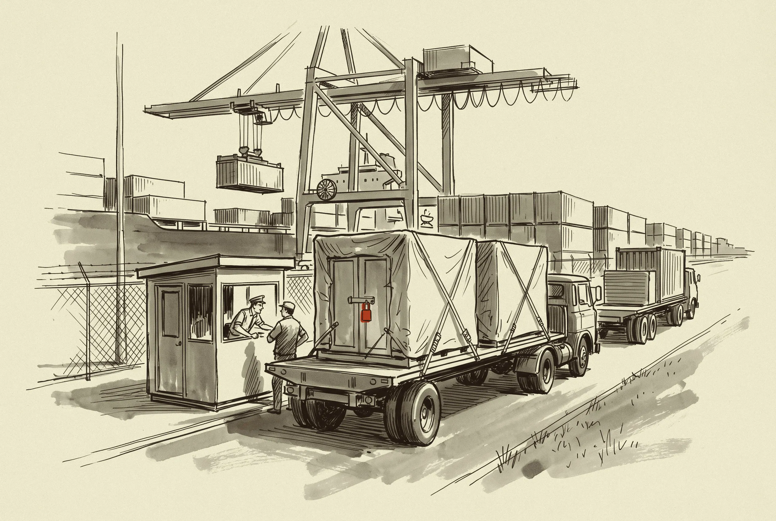 Imported switchgear crates clearing the terminal gate, the entry the carrier files and the buyer never sees.