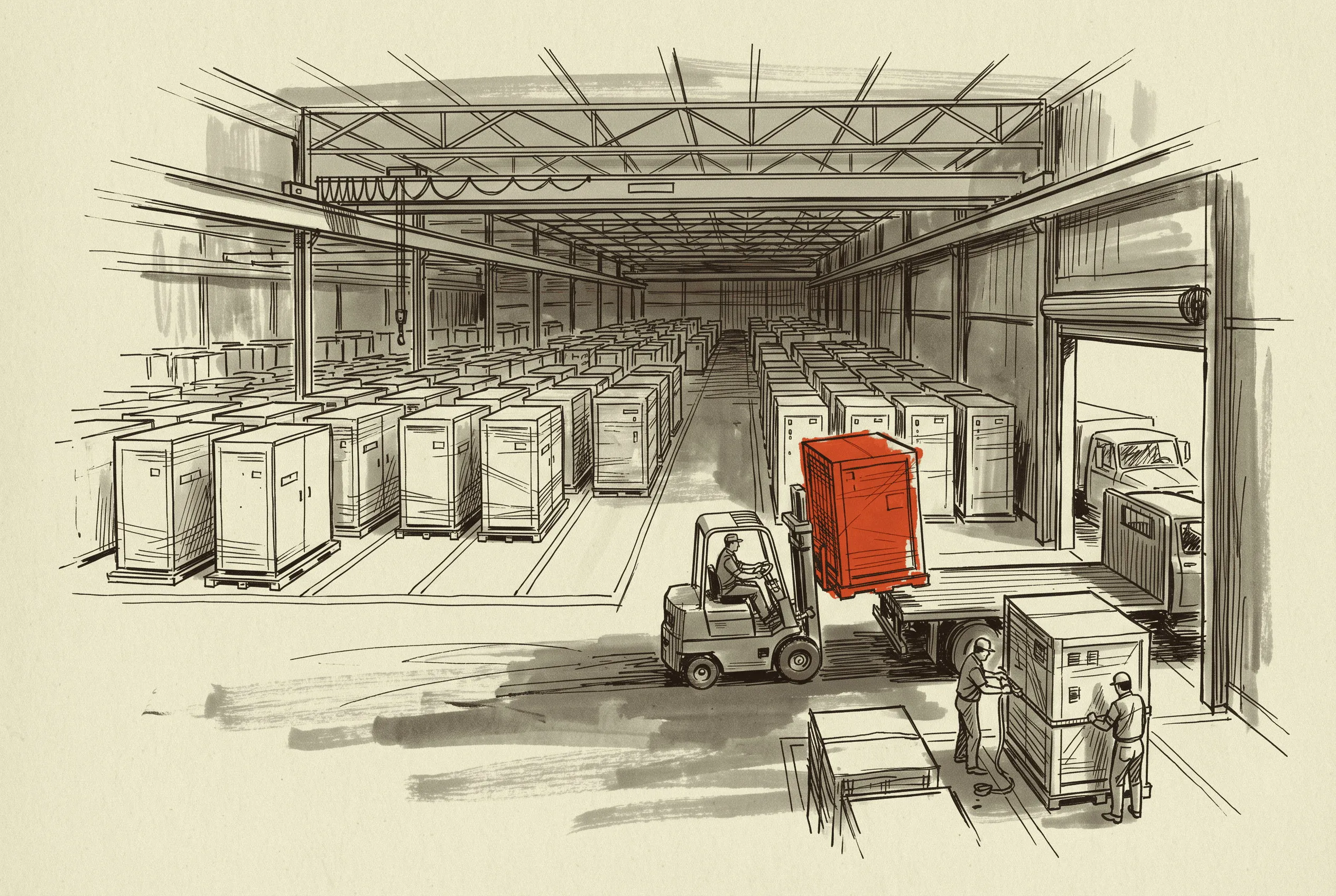 Cooling units built against customer deposits, staged in lanes at the factory dock until their release date.