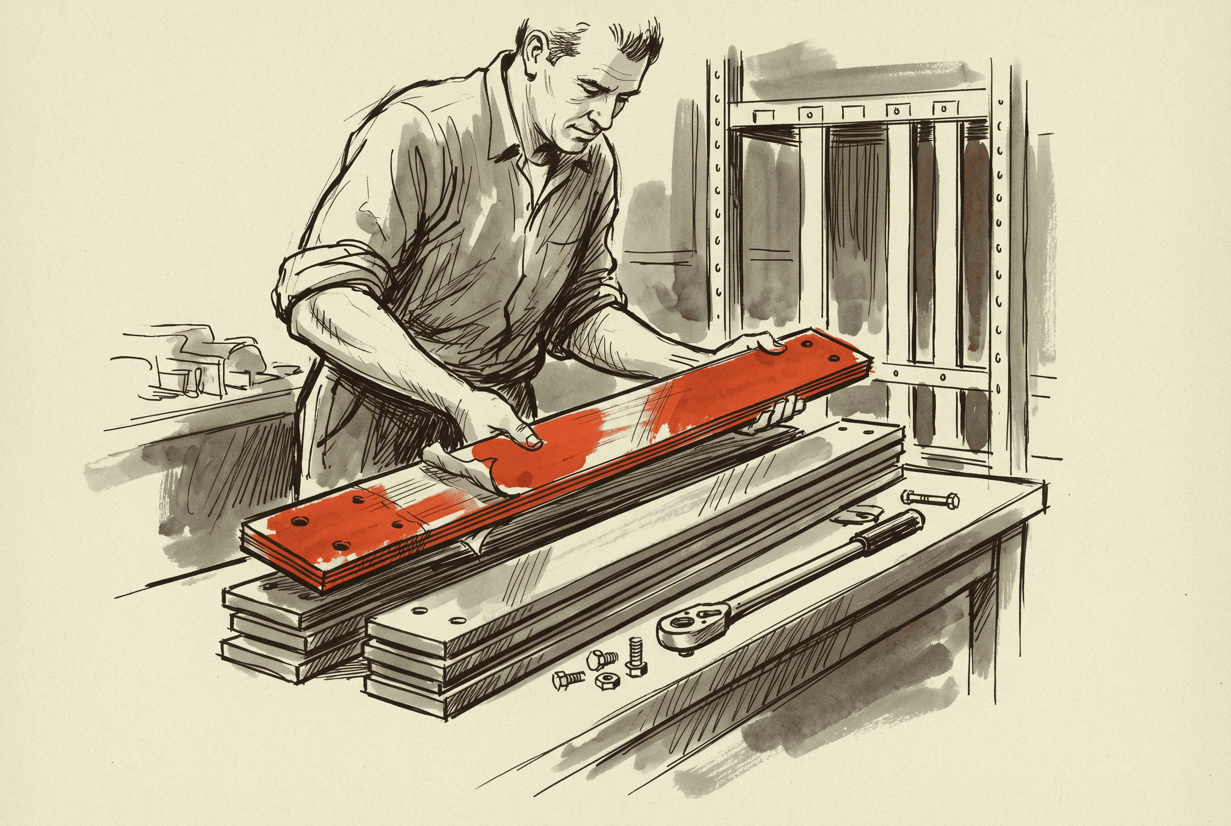 A laminated copper busbar section for in-rack 54 volt distribution being lifted onto a bench.
