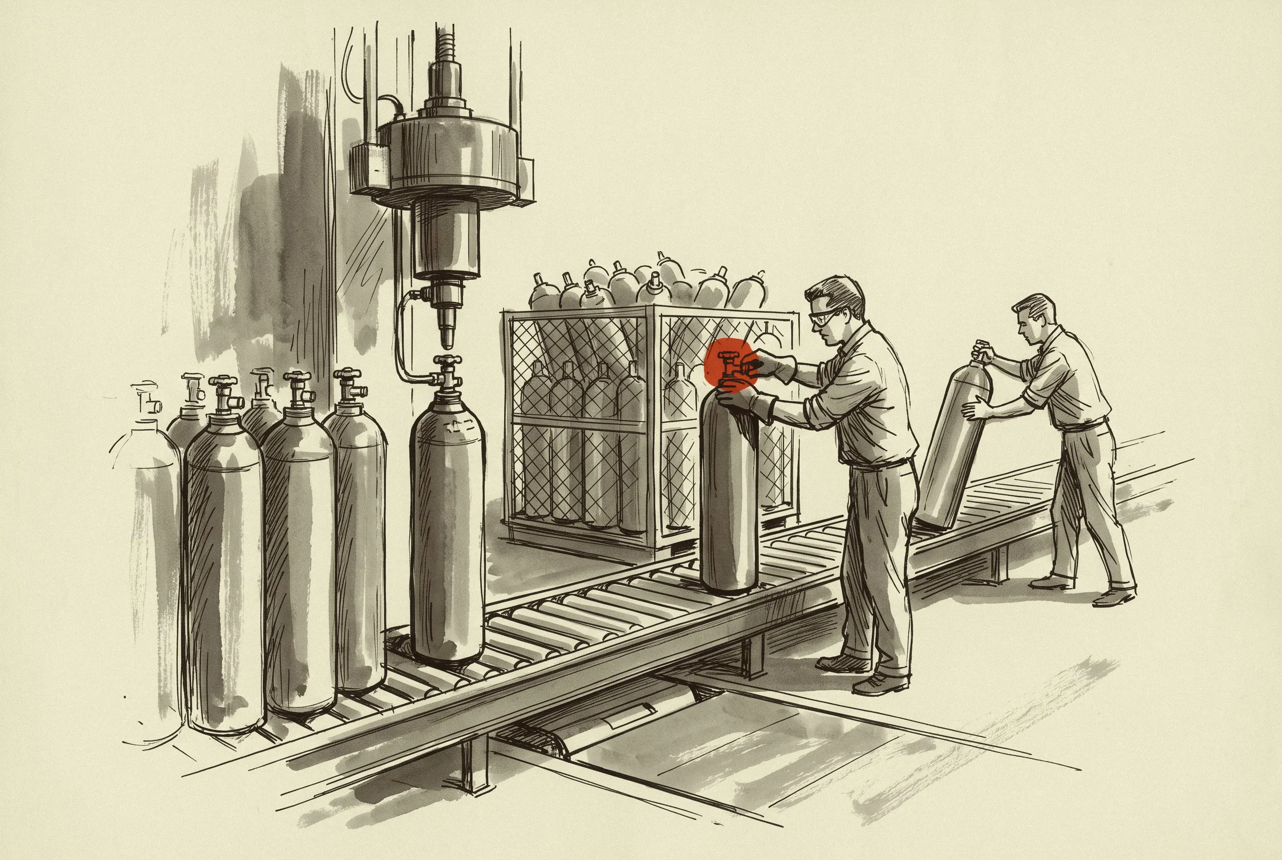 Twenty pound cylinders coming off a down-packing line where a worker fits the left hand A2L valve.