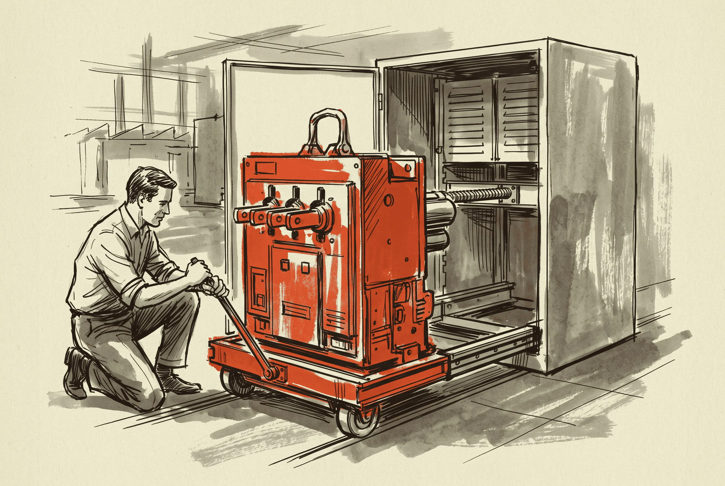 A draw-out breaker racked clear of its cubicle, the kind of spare unit a lineup price may or may not include.