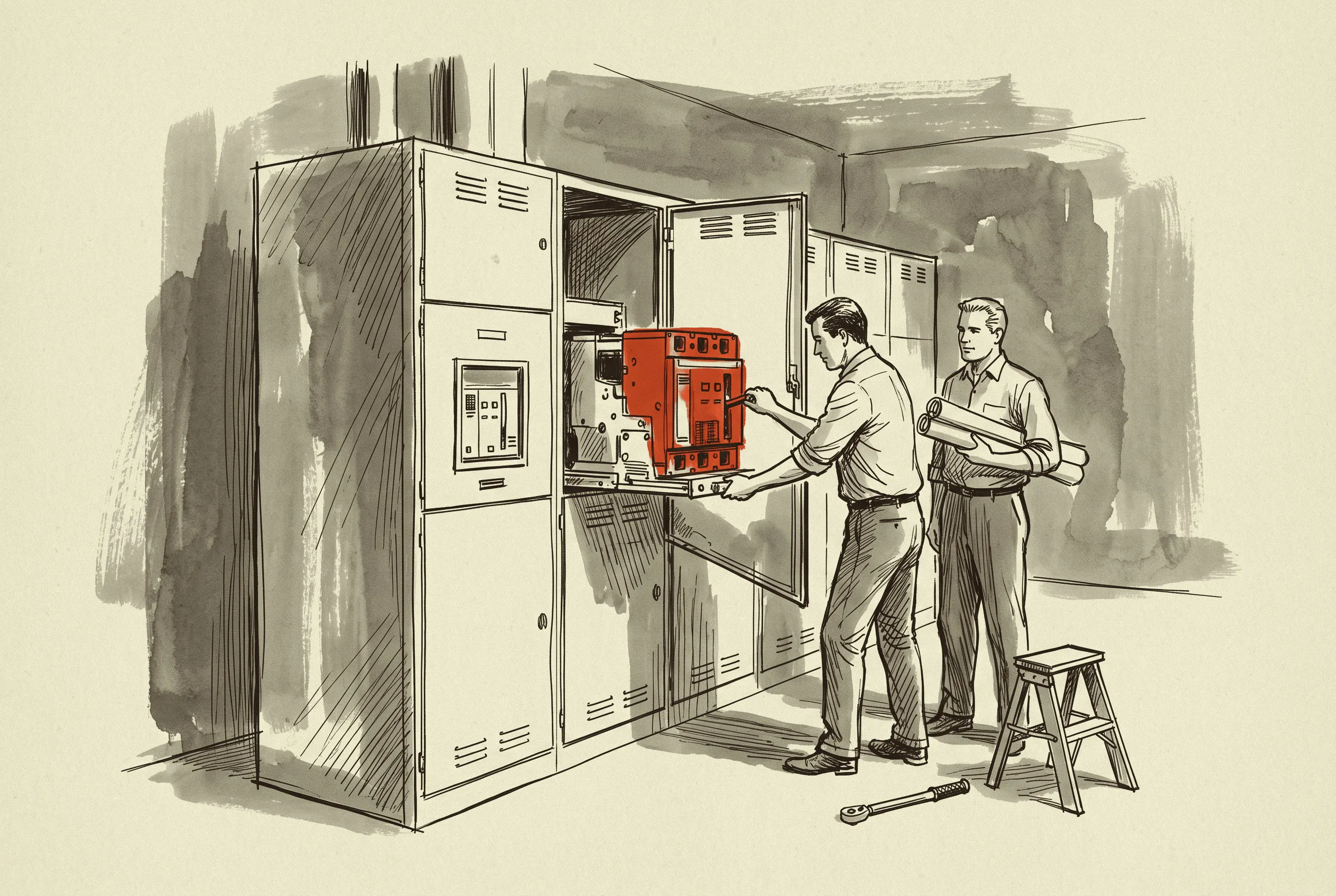 A drawout breaker racked out of the lineup that the vendor quotes at fifty weeks from approved submittals.