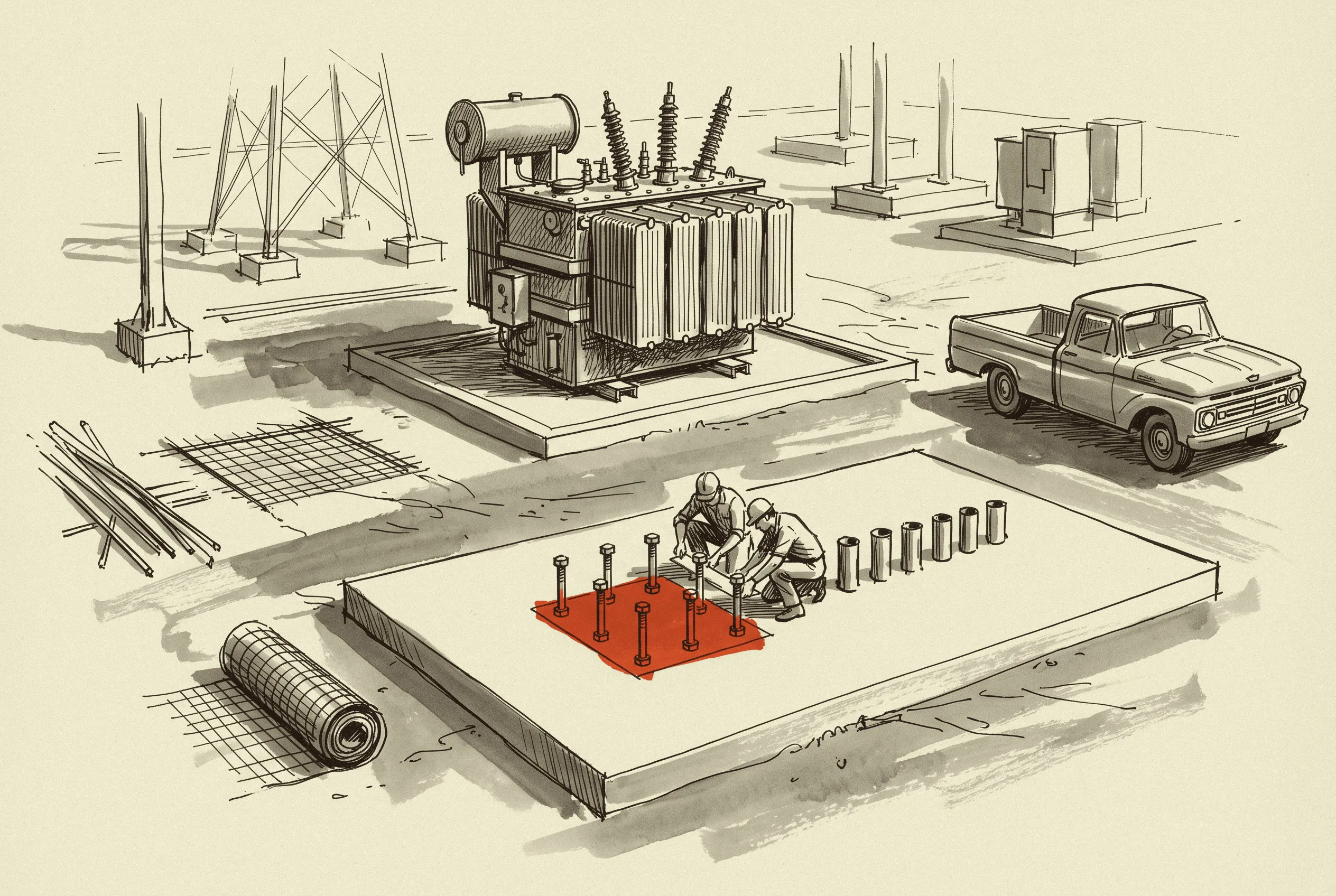The transformer is on its pad and the switchgear pad is still empty, which is how one late line item holds three quarters of a work order.
