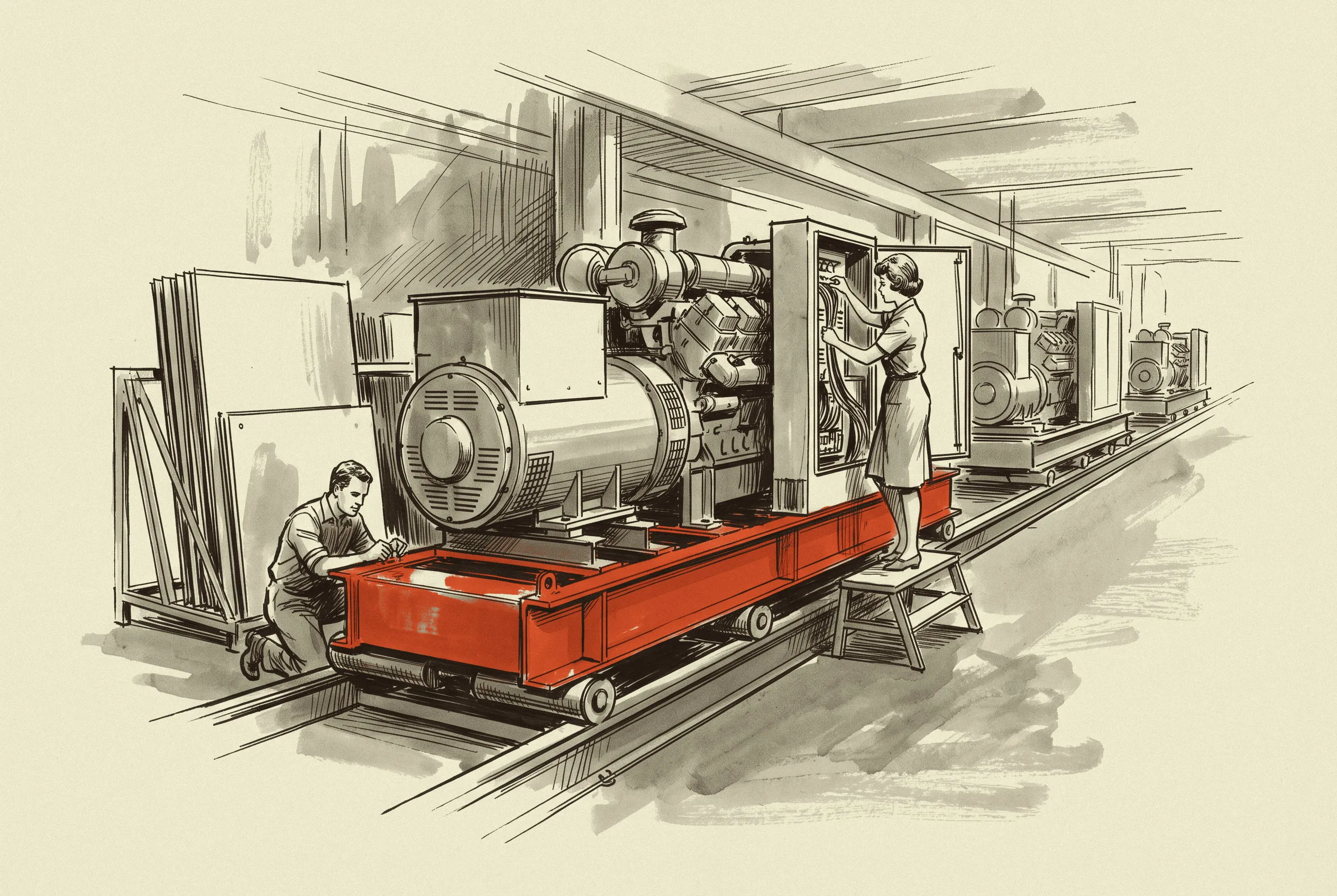 A genset on the packaging line, where the enclosure, base tank and controls form a second queue behind the engine.