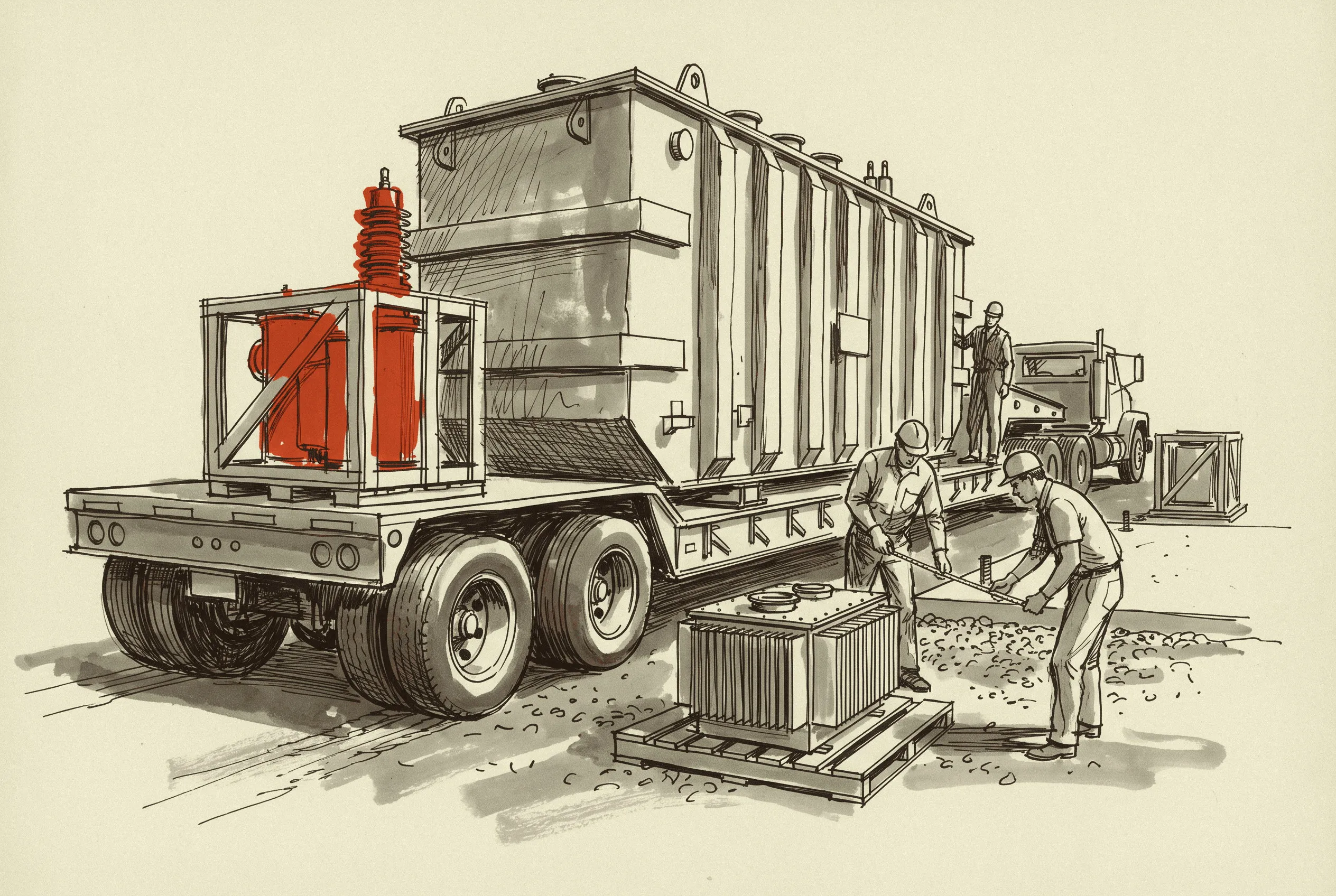 A generator step-up transformer waiting on its trailer beside the unfinished pad.