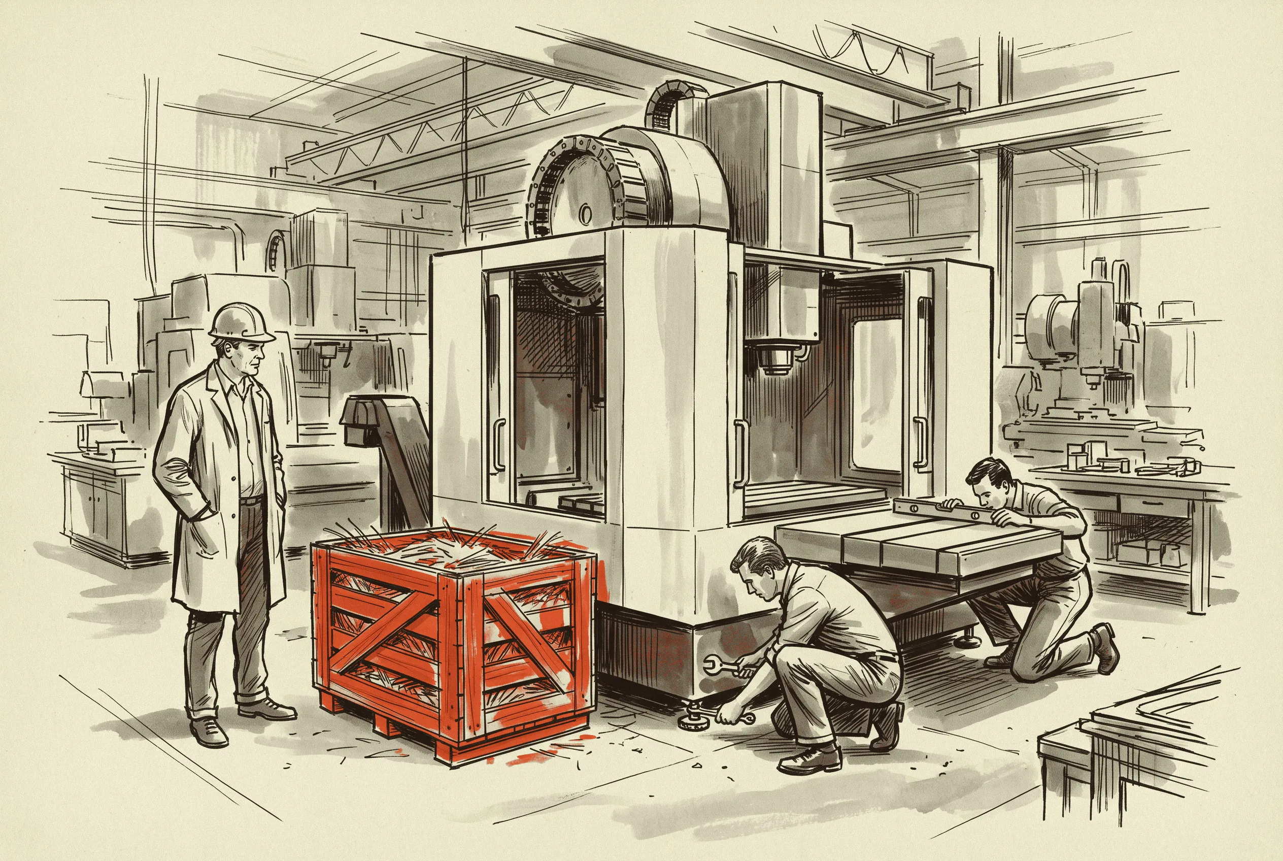 A machining centre set on its foundation and waiting on the custom spindle, one of the items in the year-plus bucket.