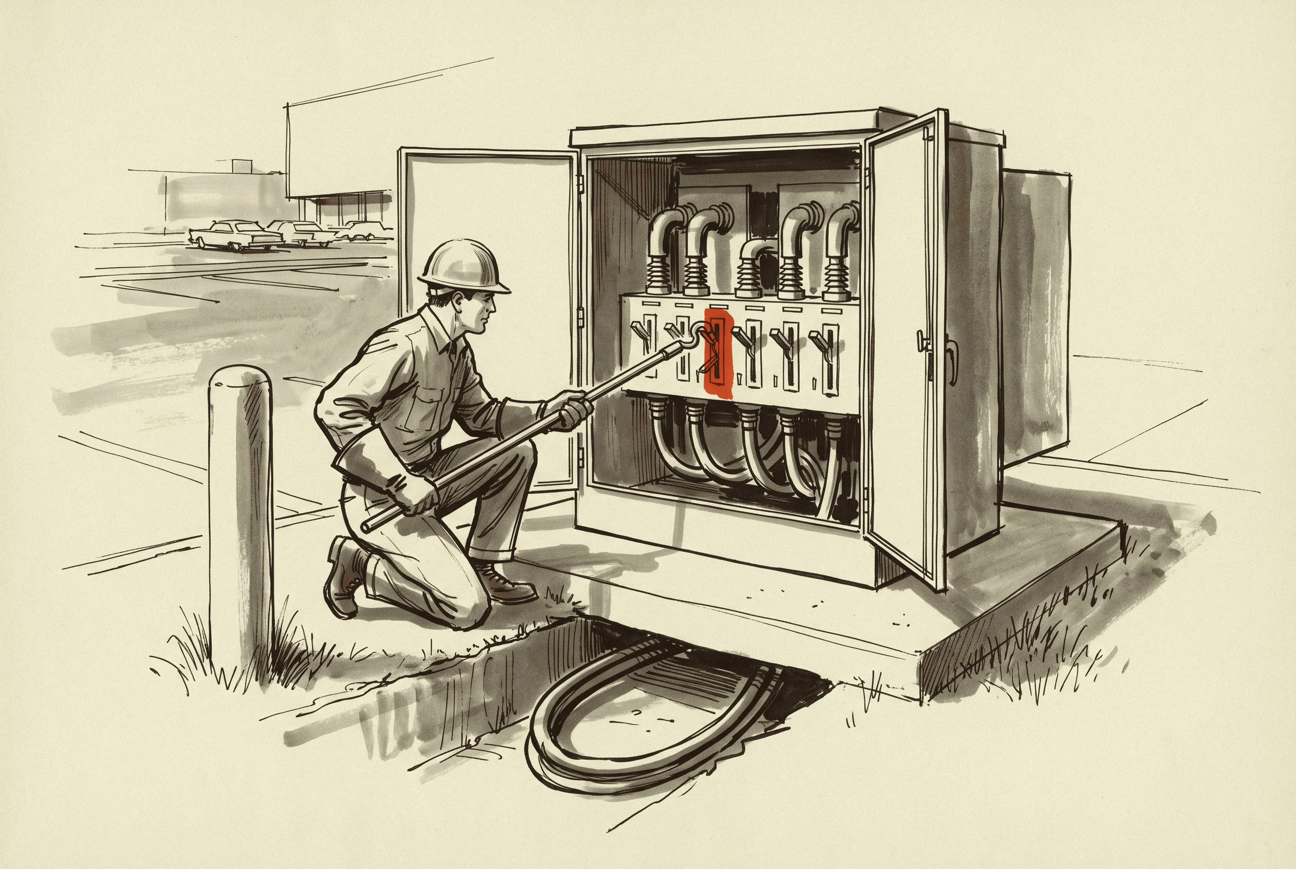 A pad-mount fault-interrupter switch opened for operation, the type recorded in the bid tabs.