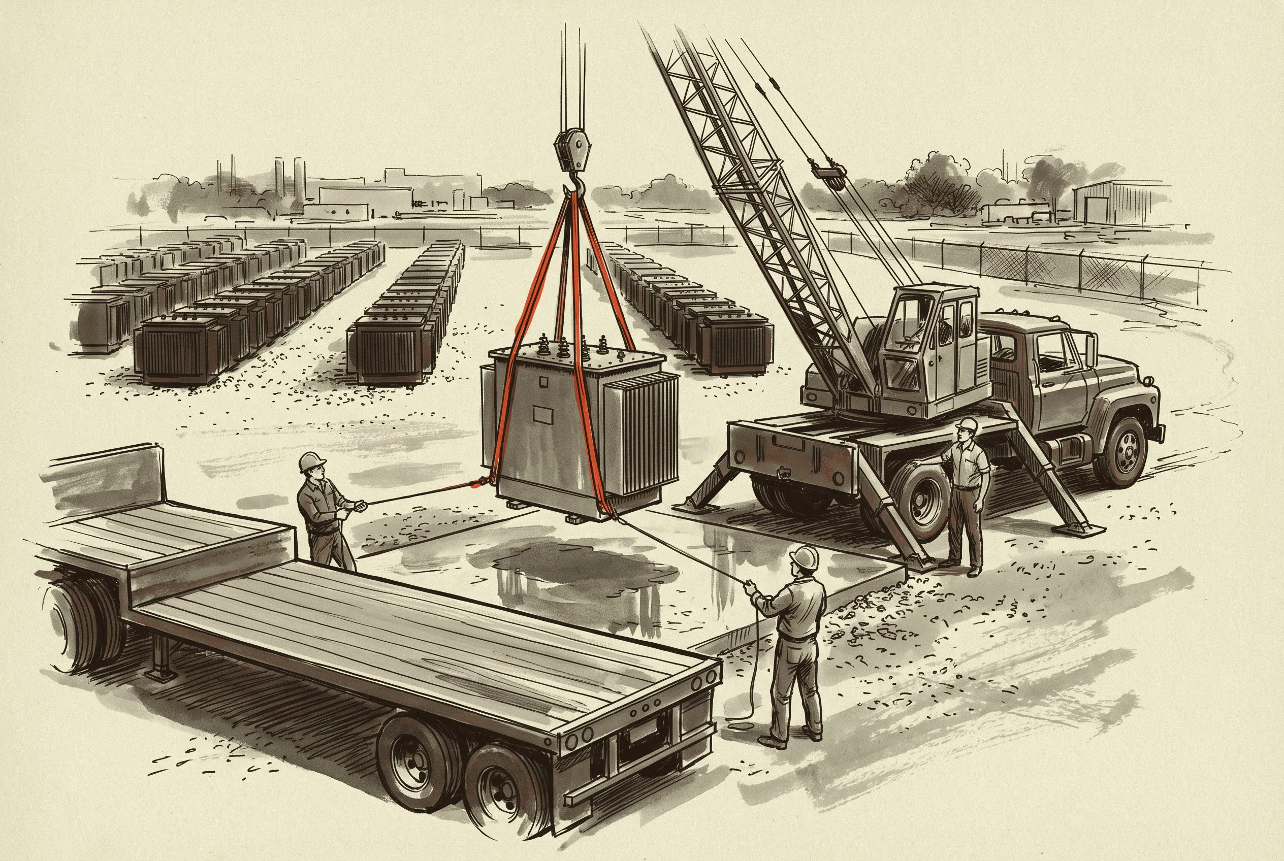 A stock pad-mount transformer being set from a flatbed onto a pad at a dealer yard.