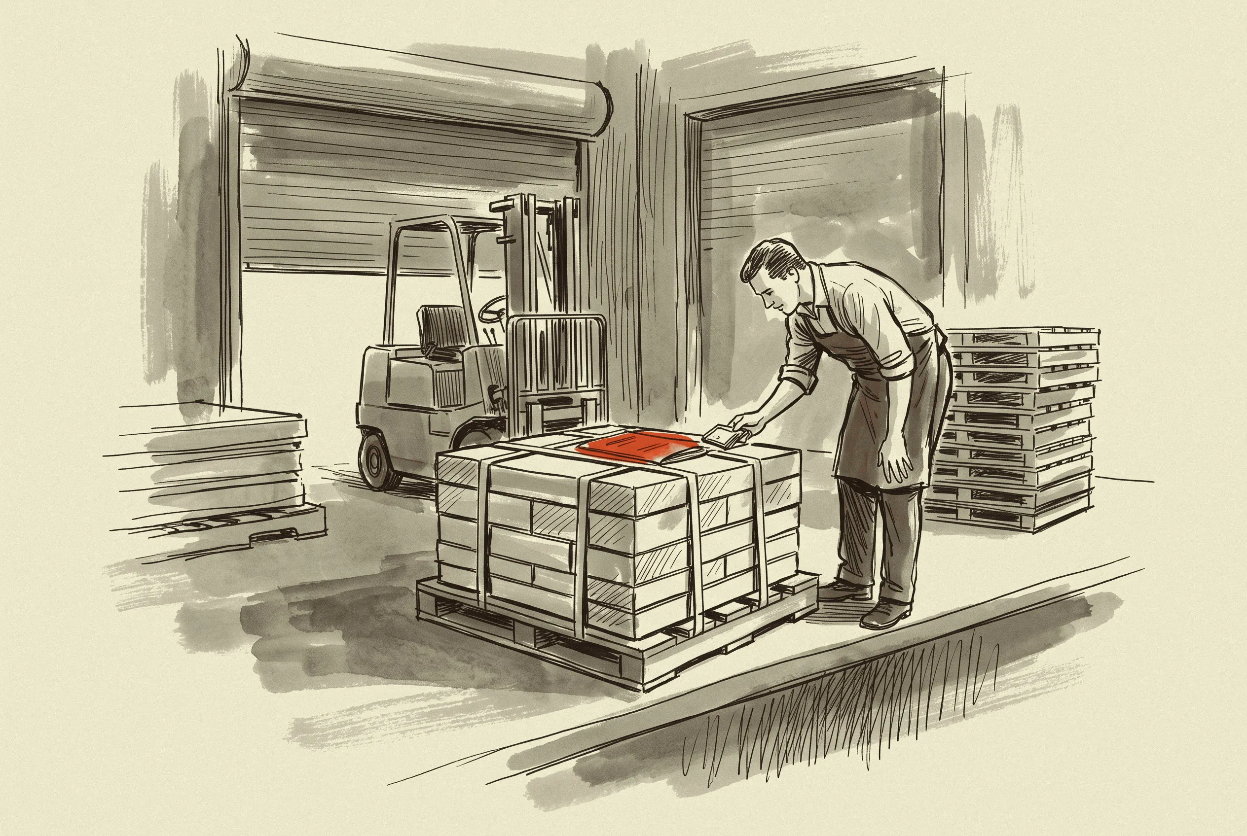 A pallet of cut aluminum blocks at the dock with its mill certificate sleeve, the piece of paper a buyer's auditor asks for.