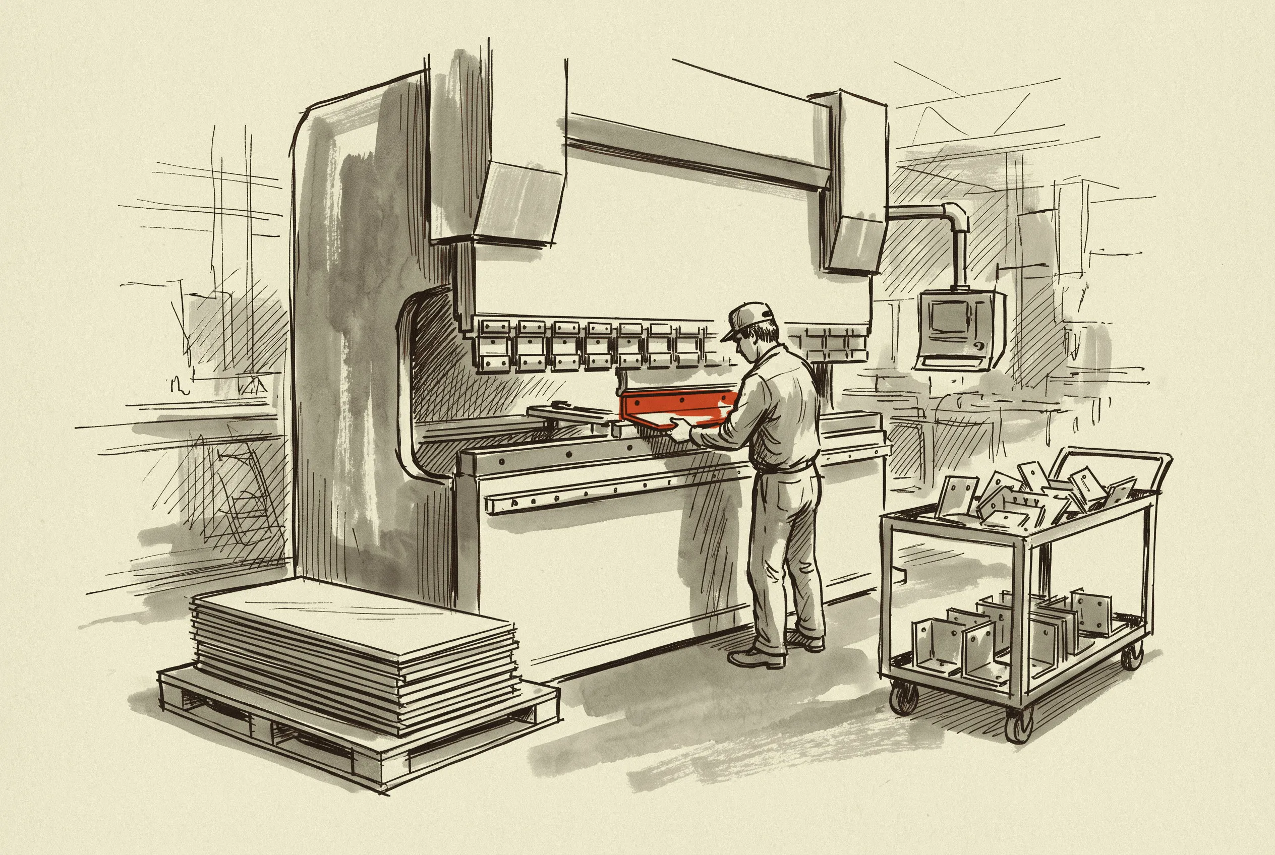 A CNC press brake operator forming a flange on a laser-cut bracket, a stack of flat blanks on the left and finished parts on a cart to the right.