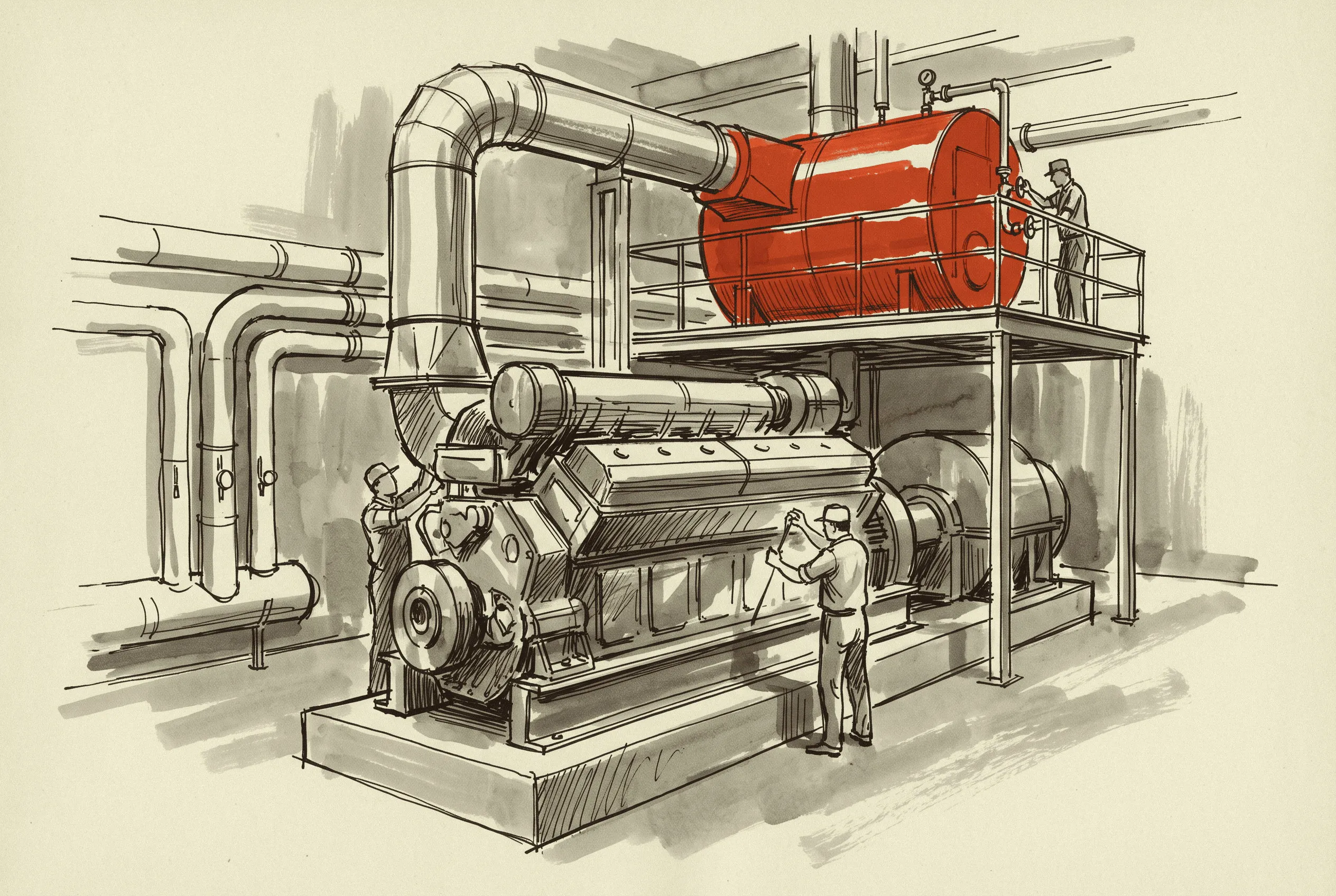 A gas reciprocating engine with its heat-recovery boiler, the combined-heat-and-power plant that lost its credit and that the fuel cell is priced against.