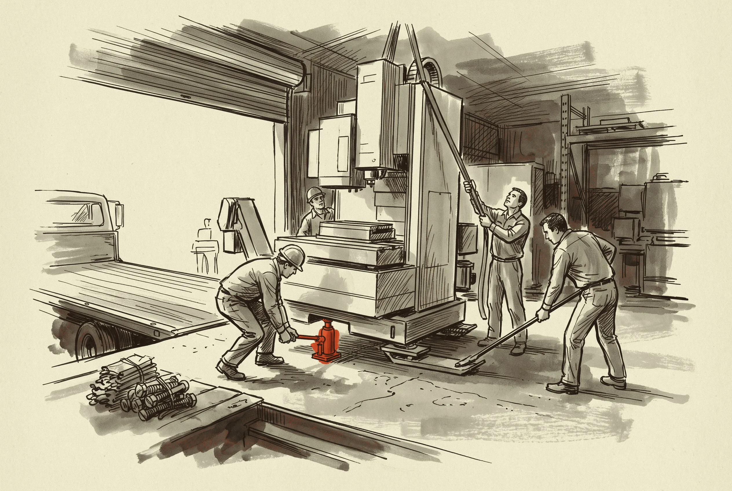 Riggers walking a machining center off the trailer, the day of labour and travel that a quote usually folds into one line.