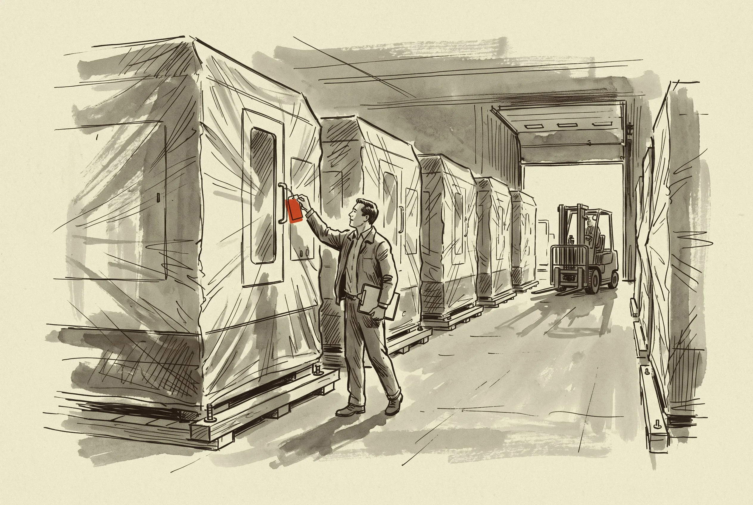 Finished machines wrapped and skidded in the shipping bay, each waiting on an allocated delivery slot.