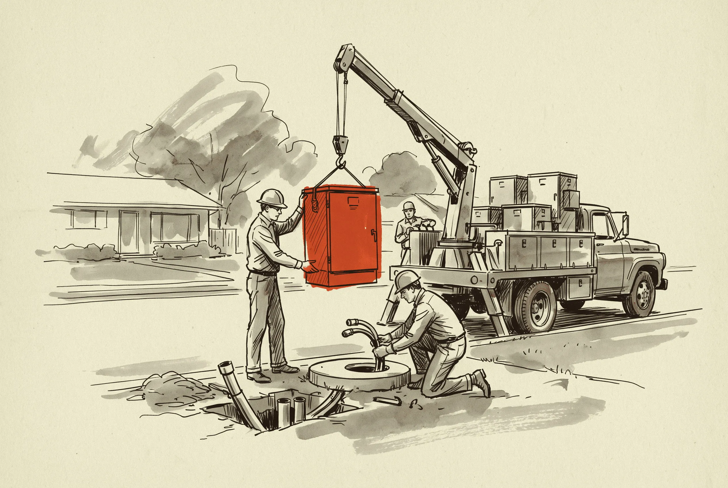 A line crew sets a single-phase pad-mount transformer bought for stock in a small lot.
