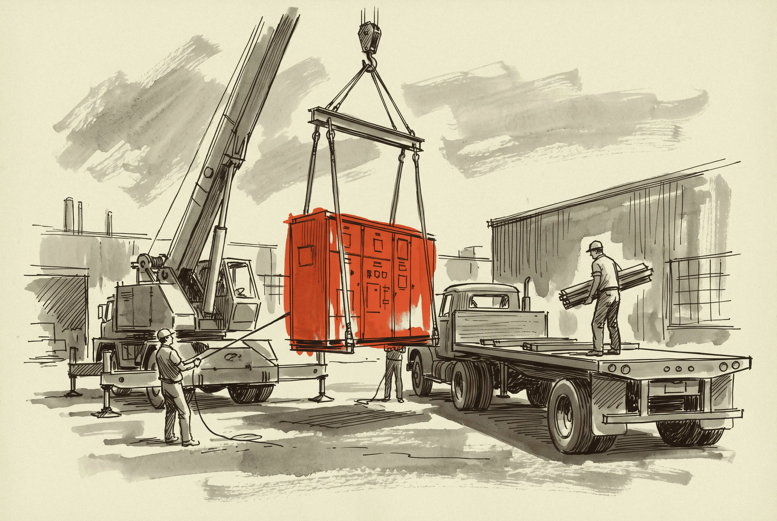 A switchgear section leaving the yard on a flatbed, the shipment side of the ratio.