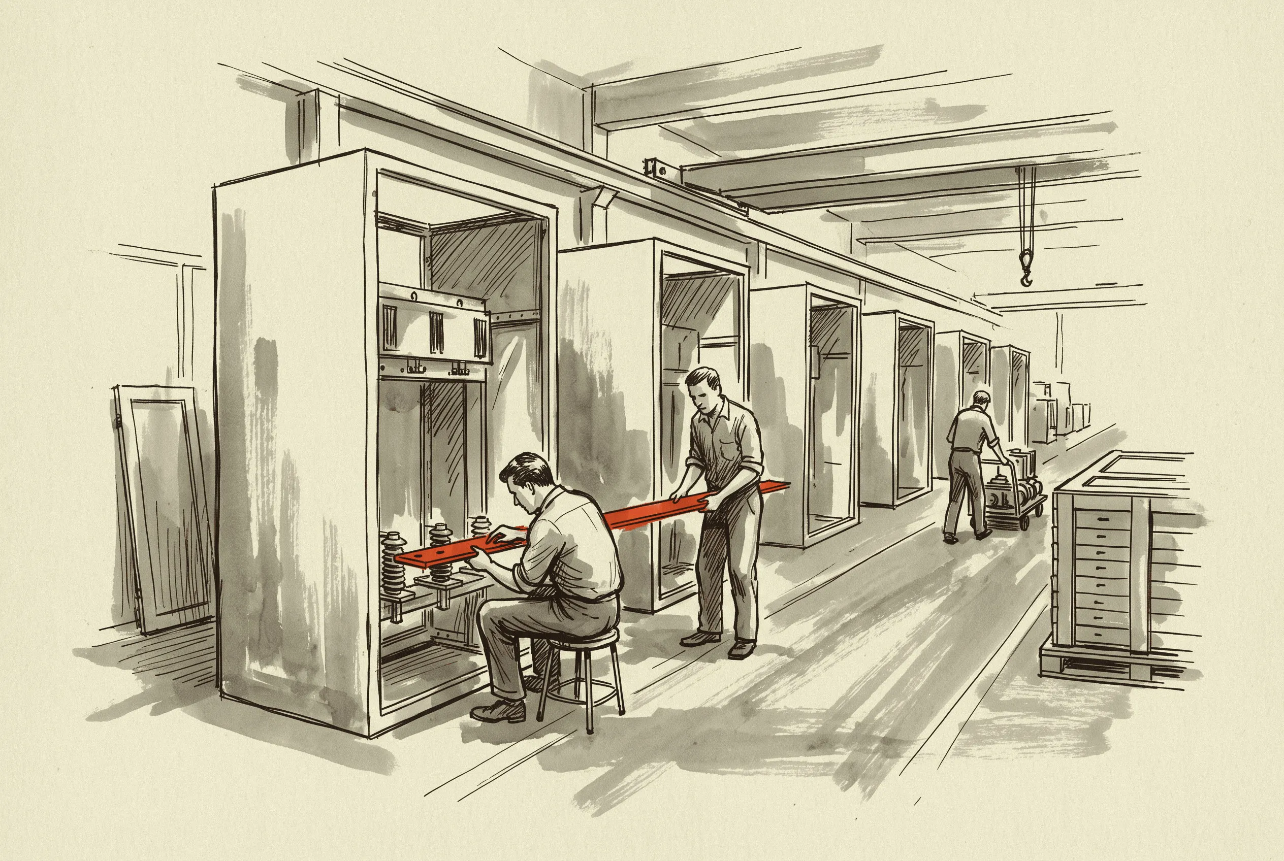 A metal-clad lineup taking shape on the factory floor, the same equipment whether it ships loose or inside an enclosure.