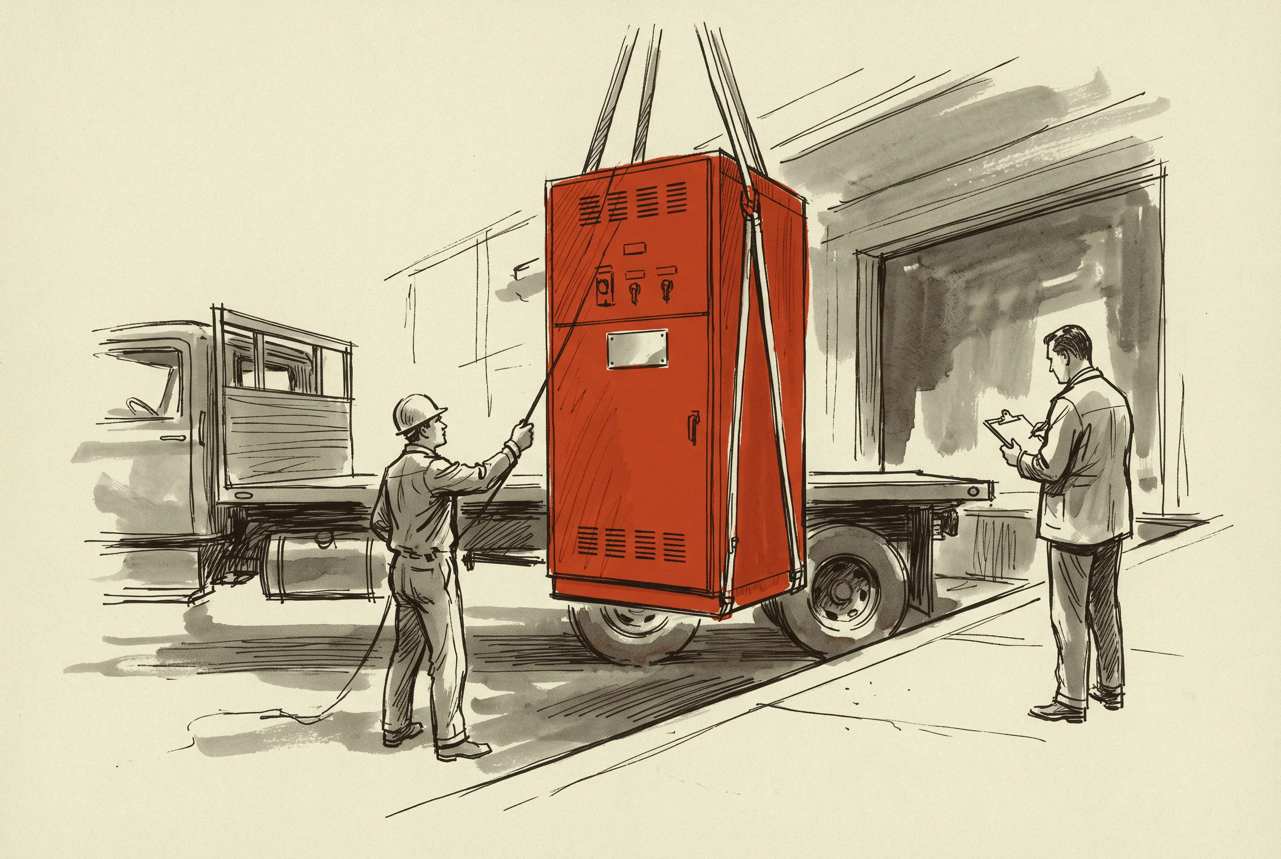 A switchgear section lifted from the truck at a plant dock, its nameplate still blank.