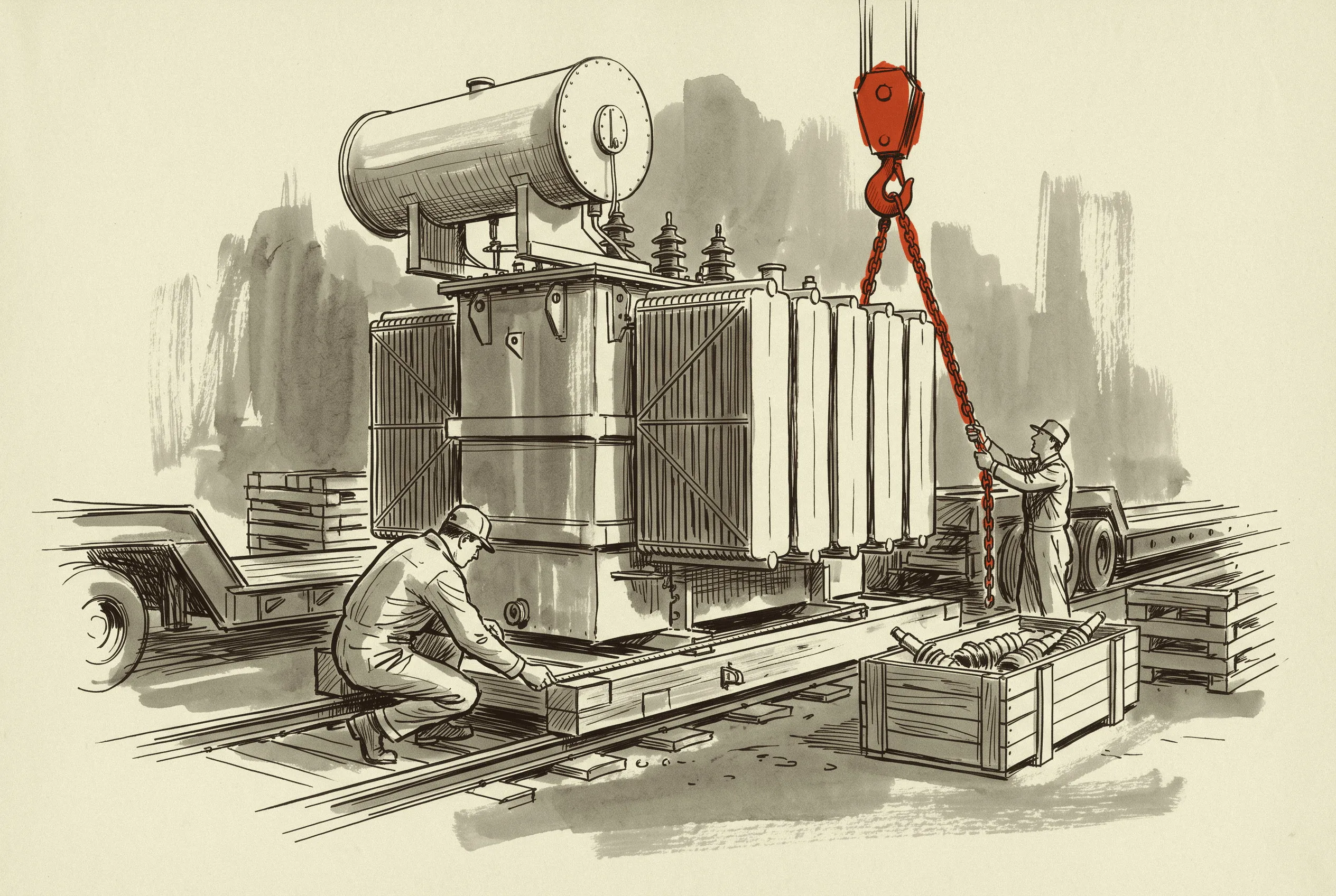 A power transformer arriving on its cradle with the bushings crated separately.