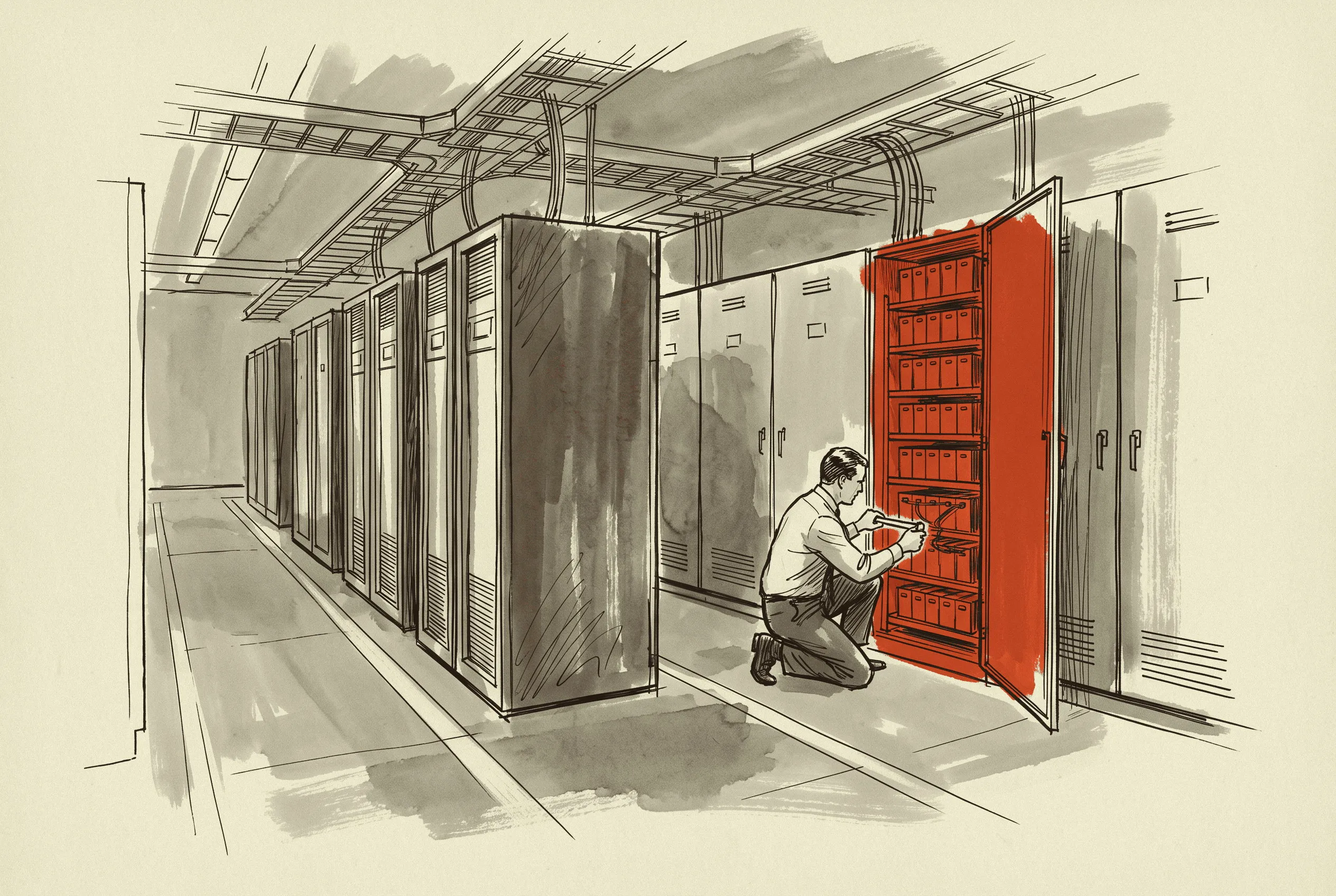 The UPS frames take little floor area while the battery cabinets and their clearances behind them take the room.